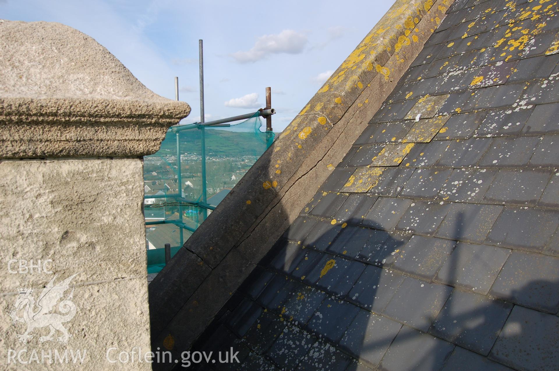 Digital colour photograph showing an exterior view of the roof at the Van Road United Reformed Church, during renovation.