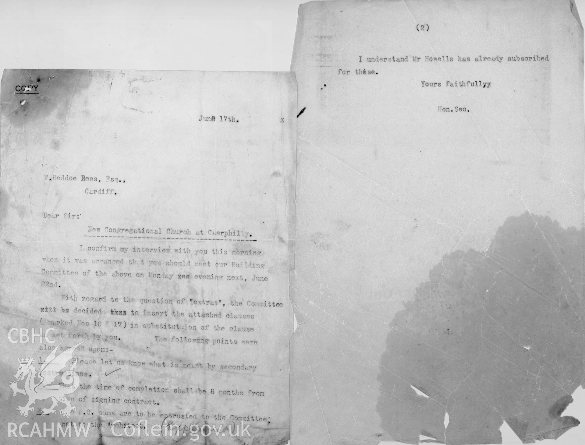 Digital scan of a letter to W. Beddoe Rees, Esq. The letter discusses the building of a New Congregational Church at Caerphilly.