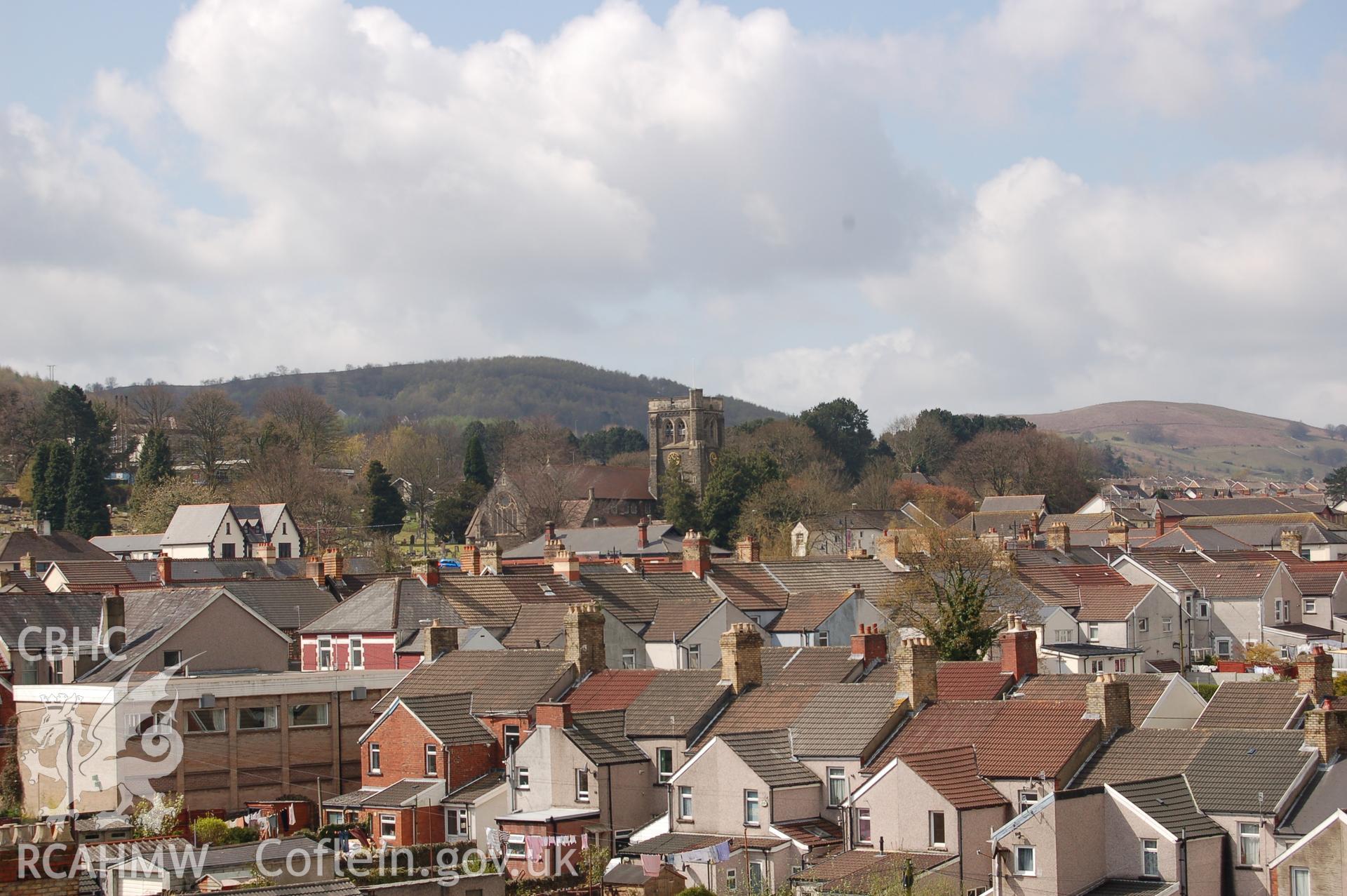 Digital colour photograph showing a view of St Martins Church, Caerphilly, from the roof of the Van Road United Reformed Church.
