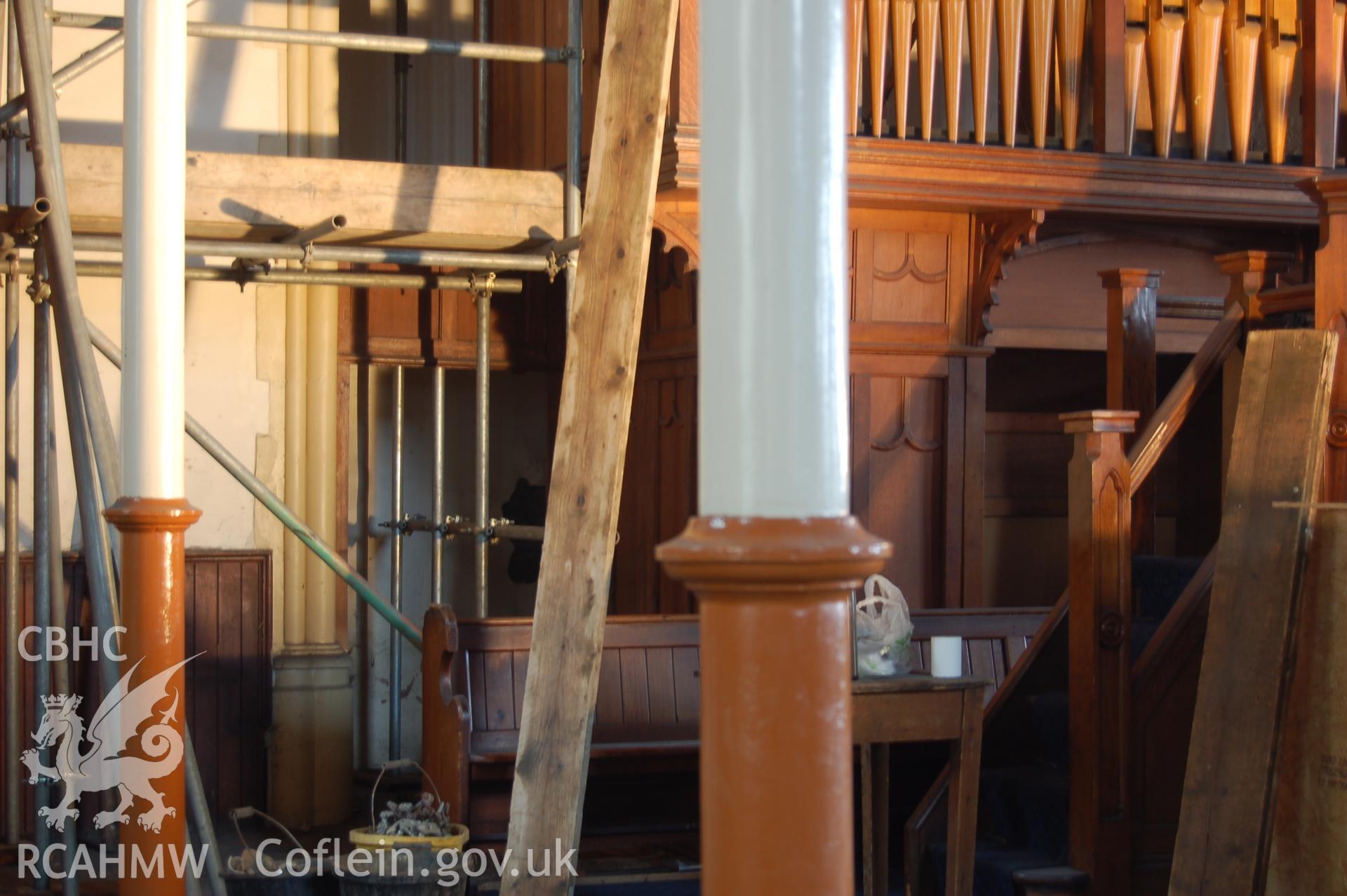 Digital colour photograph showing interior renovation work (showing organ) during the second phase of restoration (2009-2010) of Van Road United Reformed Church.