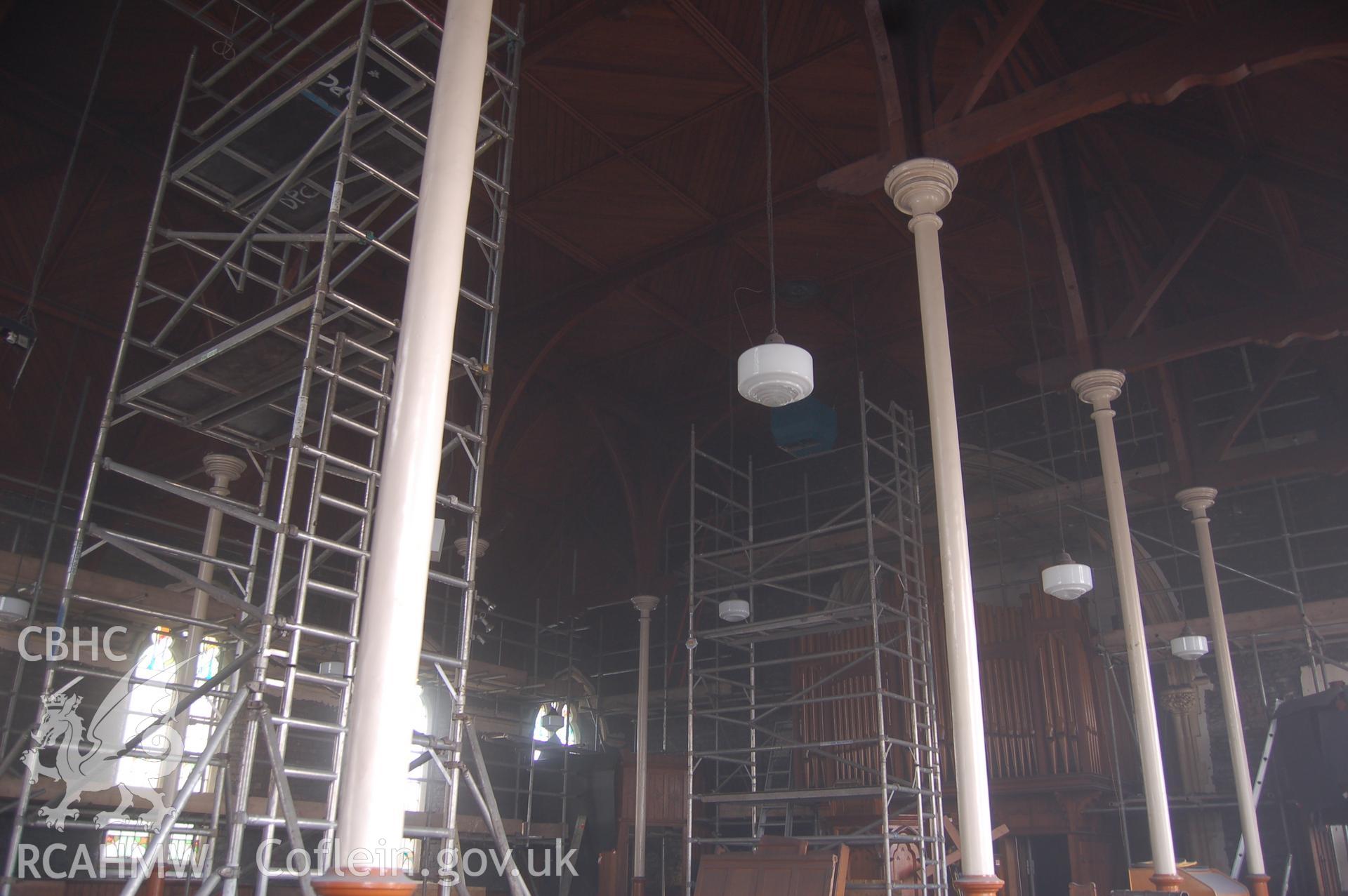 Digital colour photograph showing interior renovation work (scaffolding) during the second phase of restoration (2009-2010) of Van Road United Reformed Church.