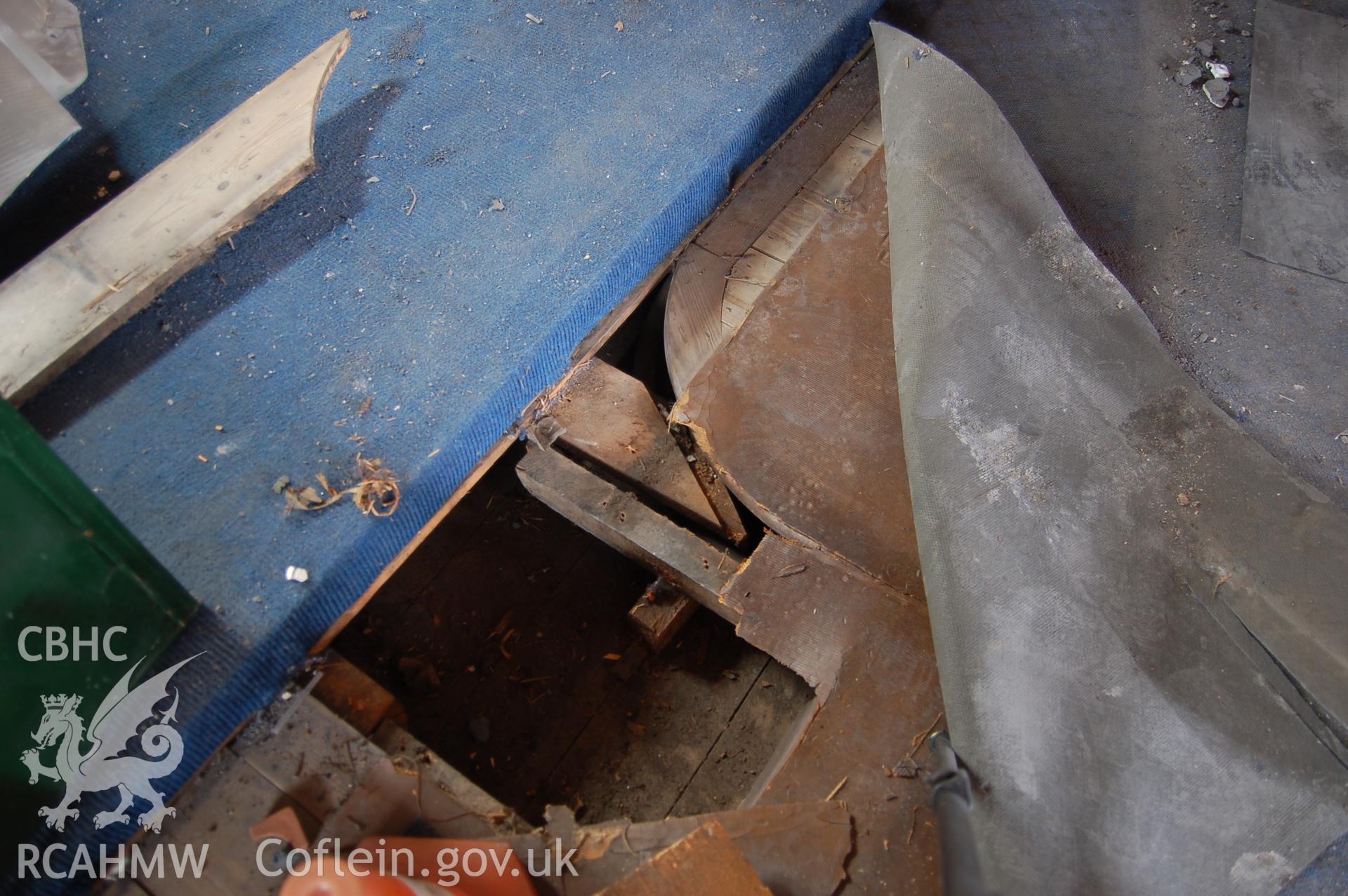 Digital colour photograph showing interior (floorboards) during the second phase of restoration (2009-2010) of Van Road United Reformed Church.