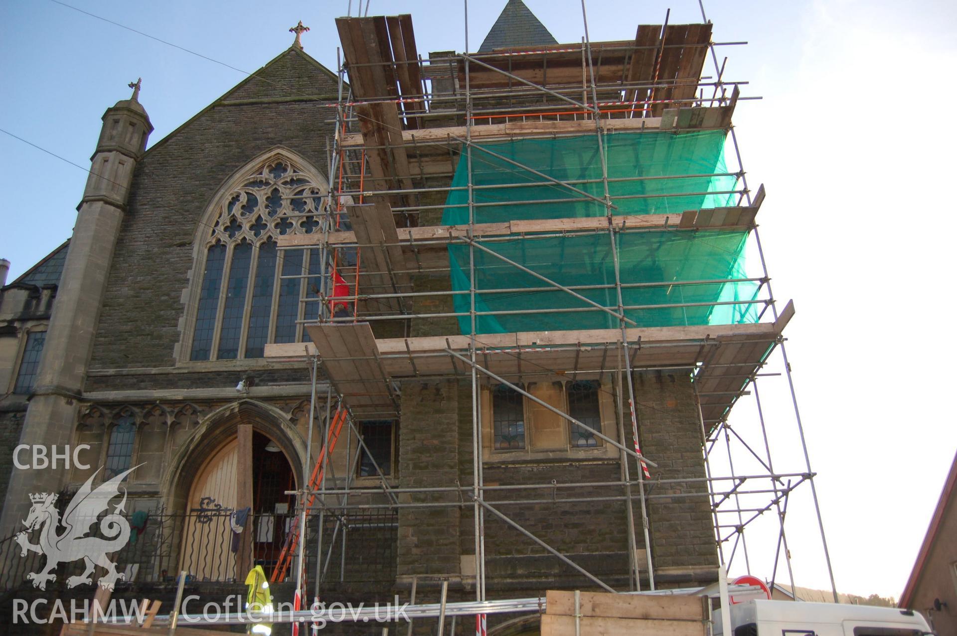 Digital colour photograph showing an elevation view of the Van Road United Reformed Church, being renovated.