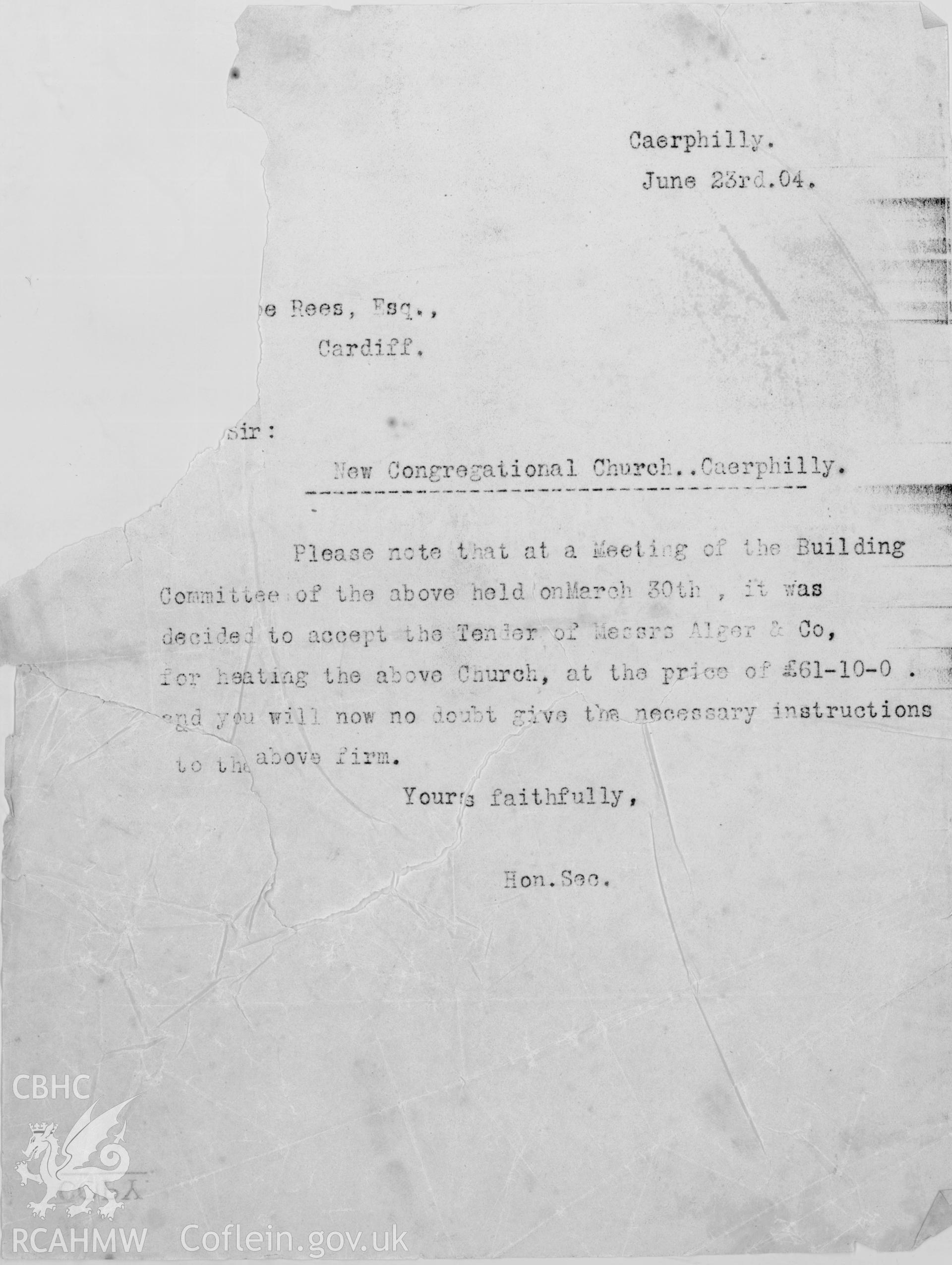 Digital scan of a letter from the Congregational Church committee to W. Beddoe Rees, Esq. The letter informs the recipient that the committee have accepted the tender of Messrs Alger & Co for the heating of the new church.