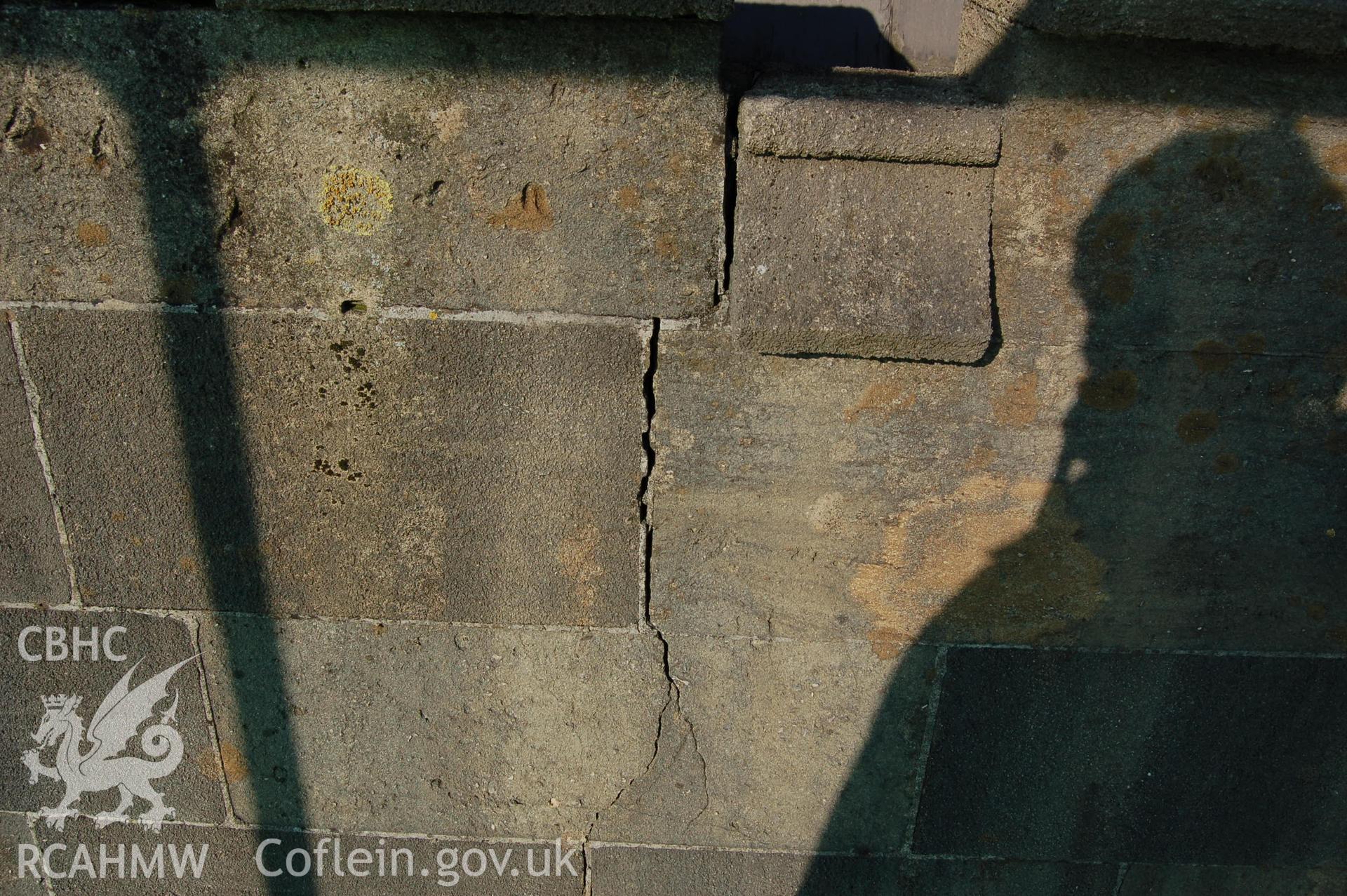 Digital colour photograph showing detail of a roof crenellation at the Van Road United Reformed Church.