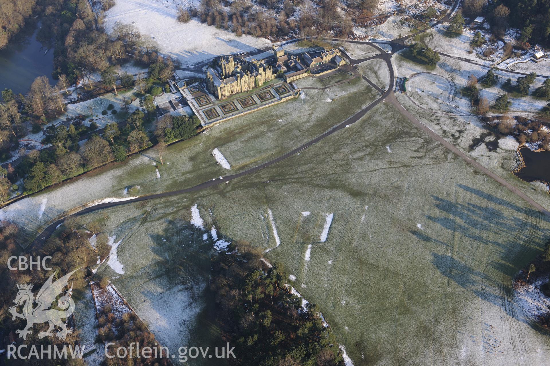 Margam Castle, outbuildings, County Park and Margam Park Enclosure, Margam, Port Talbot. Oblique aerial photograph taken during the Royal Commission?s programme of archaeological aerial reconnaissance by Toby Driver on 24th January 2013.