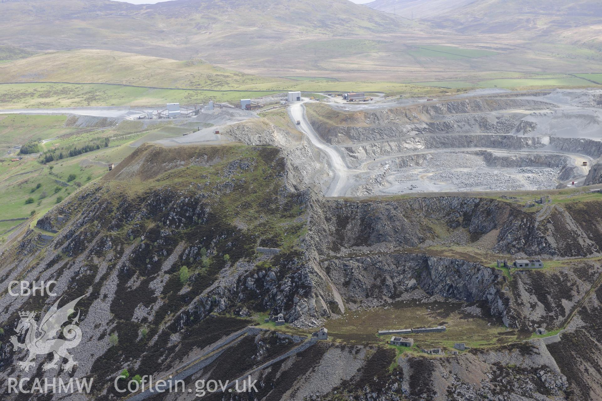 Penmaenmawr quarry. Oblique aerial photograph taken during the Royal Commission?s programme of archaeological aerial reconnaissance by Toby Driver on 22nd May 2013.