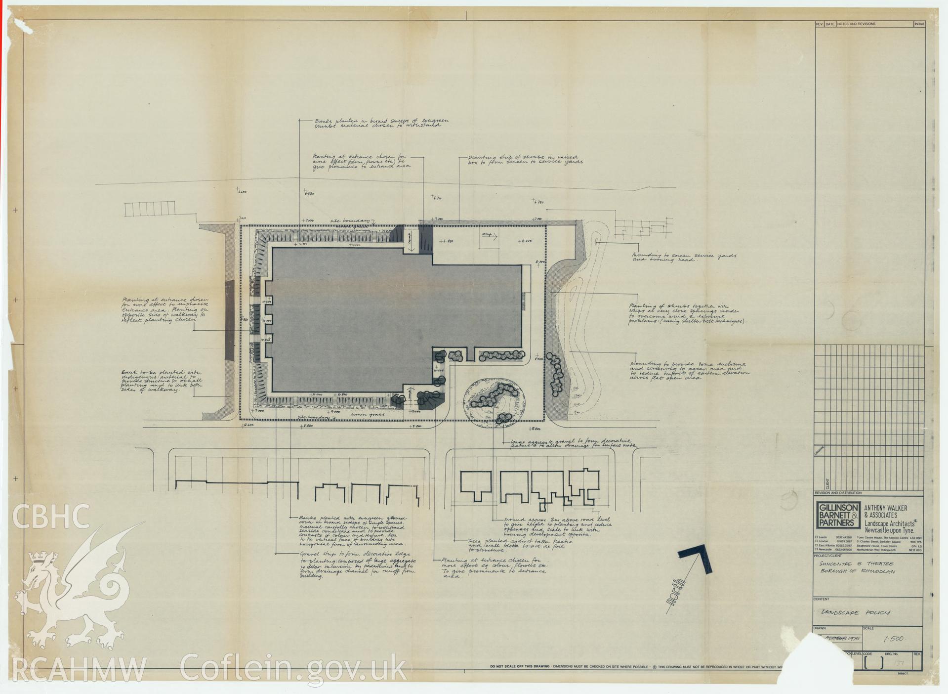 Digital copy of a measured drawing showing the 1975 plan and policy of landscaping of the entertainment complex at Rhyl Sun Centre and Theatre, produced by Gillinson Barnett & Partners  1975. Loaned for copying by Denbighshire County Council.