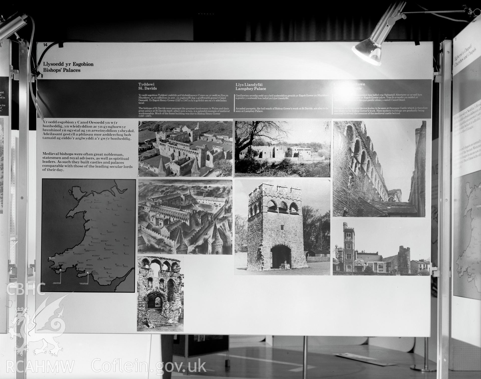 Digital copy of a black and white negative showing Ancient Monuments in Wales Exhibition, Aberystwyth. From Cadw Monuments in Care Collection.