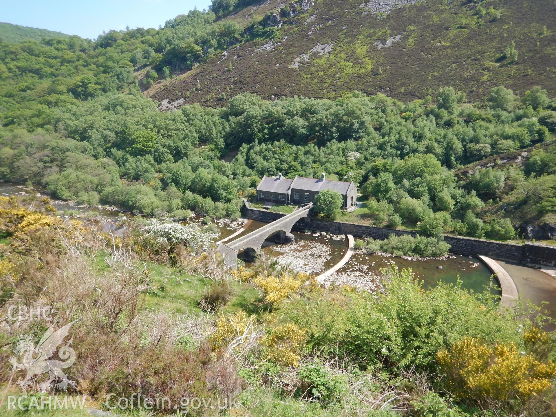 Caban Coch hydro electric station, below the Caban Coch dam, looking south-east. Photographed for Archaeological Desk Based Assessment of Afon Claerwen, Elan Valley, Rhayader. Assessment by Archaeology Wales in 2018. Report no. 1681. Project no. 2573.