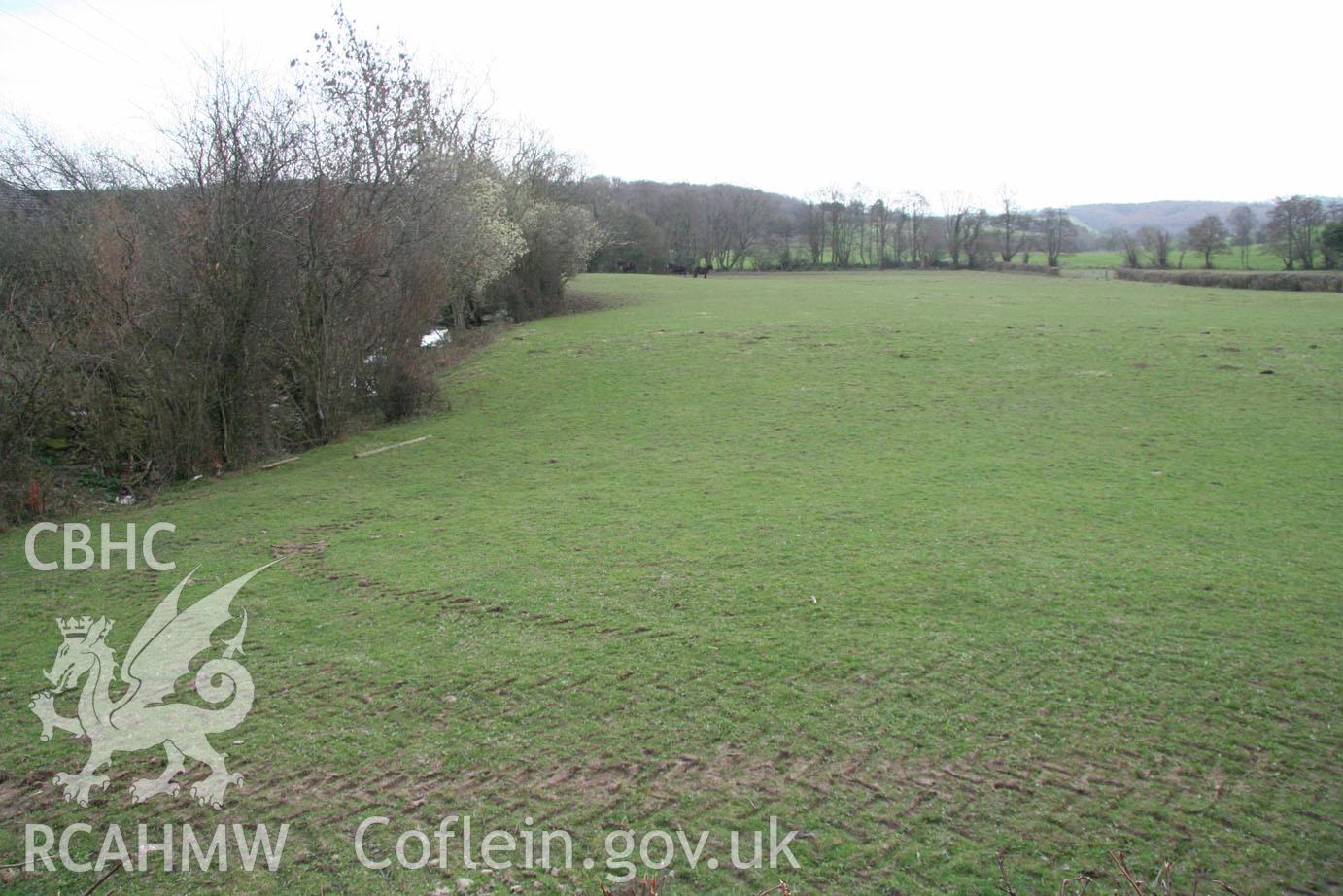 'Field's eastern boundary (looking south-southeast)' Digital colour photograph taken during site visit to land south of school lane, Penperlleni. Part of Archaeological Desk Based Assessment conducted by Iestyn Jones of Archaeology Wales, 2014.