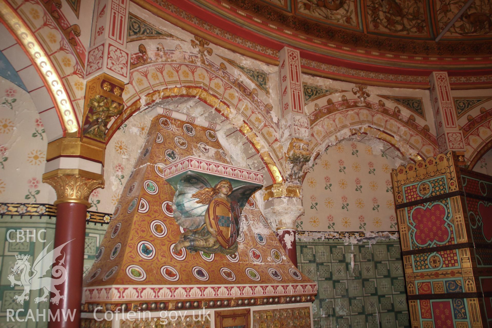 Highly decorative wall in Lady Bute's bedroom at Castell Coch, 1st April 2019. From "Castell Coch, Tongwynlais. Archaeological Building Investigation & Recording & Watching Brief" by Richard Scott Jones, Heritage Recording Services Wales. Report No 202.