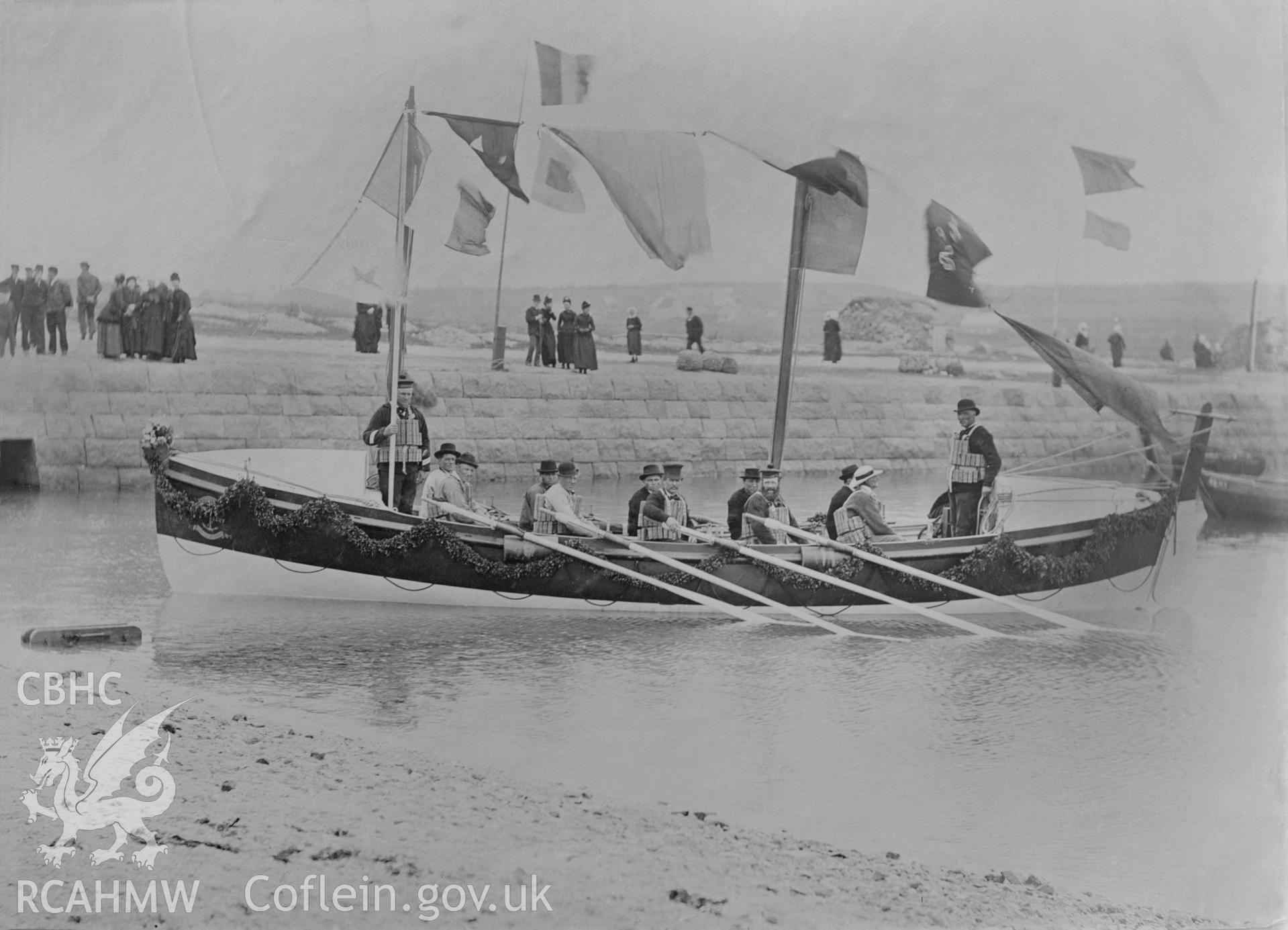 Digital copy of a black and white image dating from c.1910 showing a boat in water, taken by Emile T. Evans. Possibly the RNLI lifeboat at New Quay.