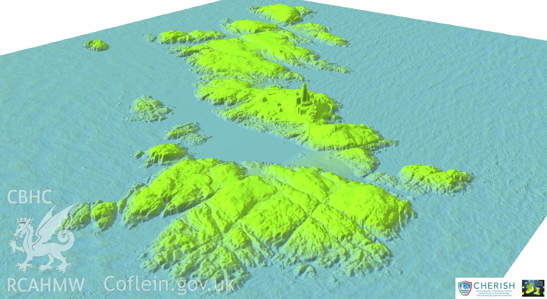 Ynysoedd y Moelrhoniaid (The Skerries islet). Airborne laser scanning (LiDAR) commissioned by the CHERISH Project 2017-2021, flown by Bluesky International LTD at low tide on 24th February 2017. View showing The Skerries Islet and its lighthouse from the