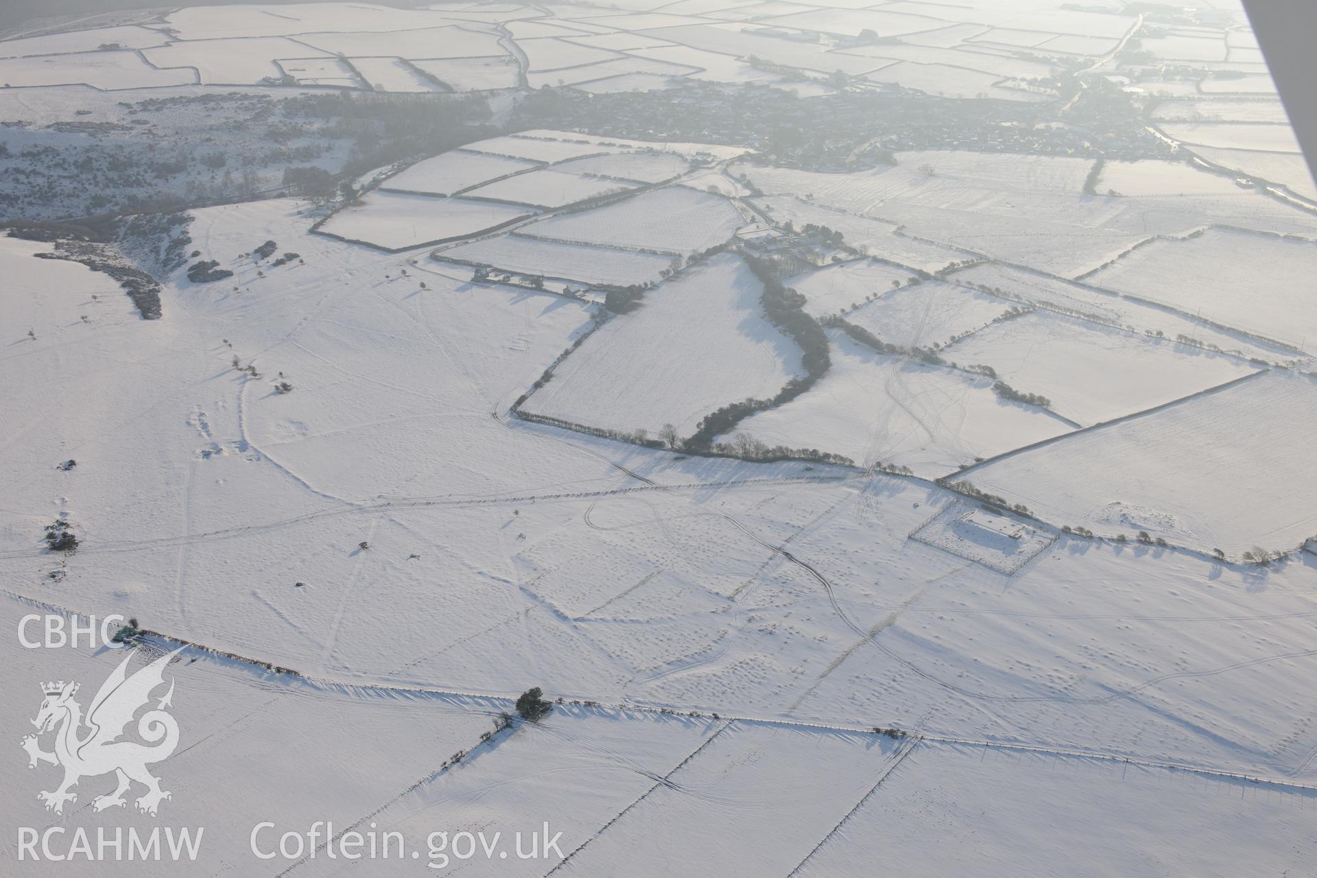 Beacons Down field system, St Brides Major, south west of Bridgend. Oblique aerial photograph taken during the Royal Commission?s programme of archaeological aerial reconnaissance by Toby Driver on 24th January 2013.