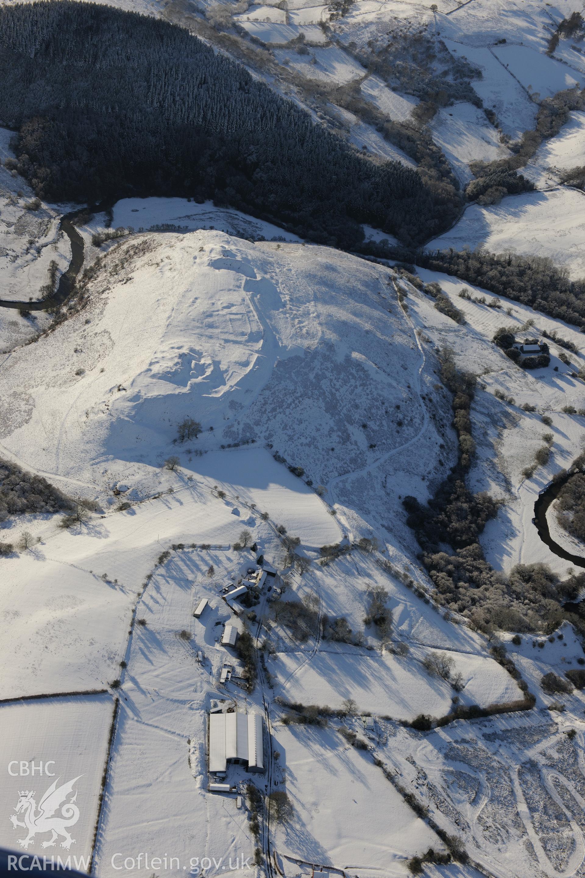 Cefnllys Castle deer park, Penybont, north east of Llandrindod Wells. Oblique aerial photograph taken during the Royal Commission?s programme of archaeological aerial reconnaissance by Toby Driver on 15th January 2013.