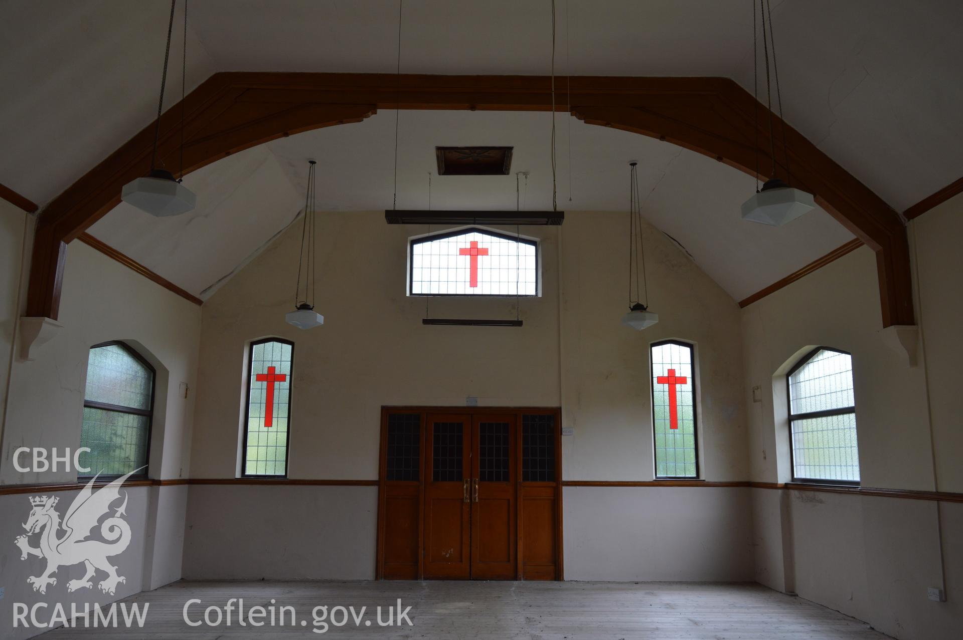 Internal view of west elevation in main church hall. Digital colour photograph taken during CPAT Project 2396 at the United Reformed Church in Northop. Prepared by Clwyd Powys Archaeological Trust, 2018-2019.