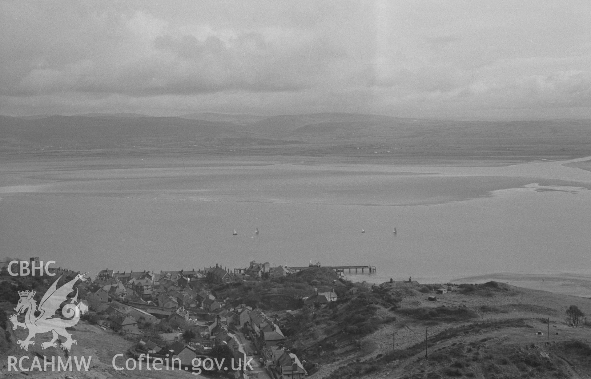 Digital copy of a black and white negative showing view across Dyfi estuary from above Aberdovey. Photographed in April 1964 by Arthur O. Chater from Grid Reference SN 611 964, looking east - south south west.