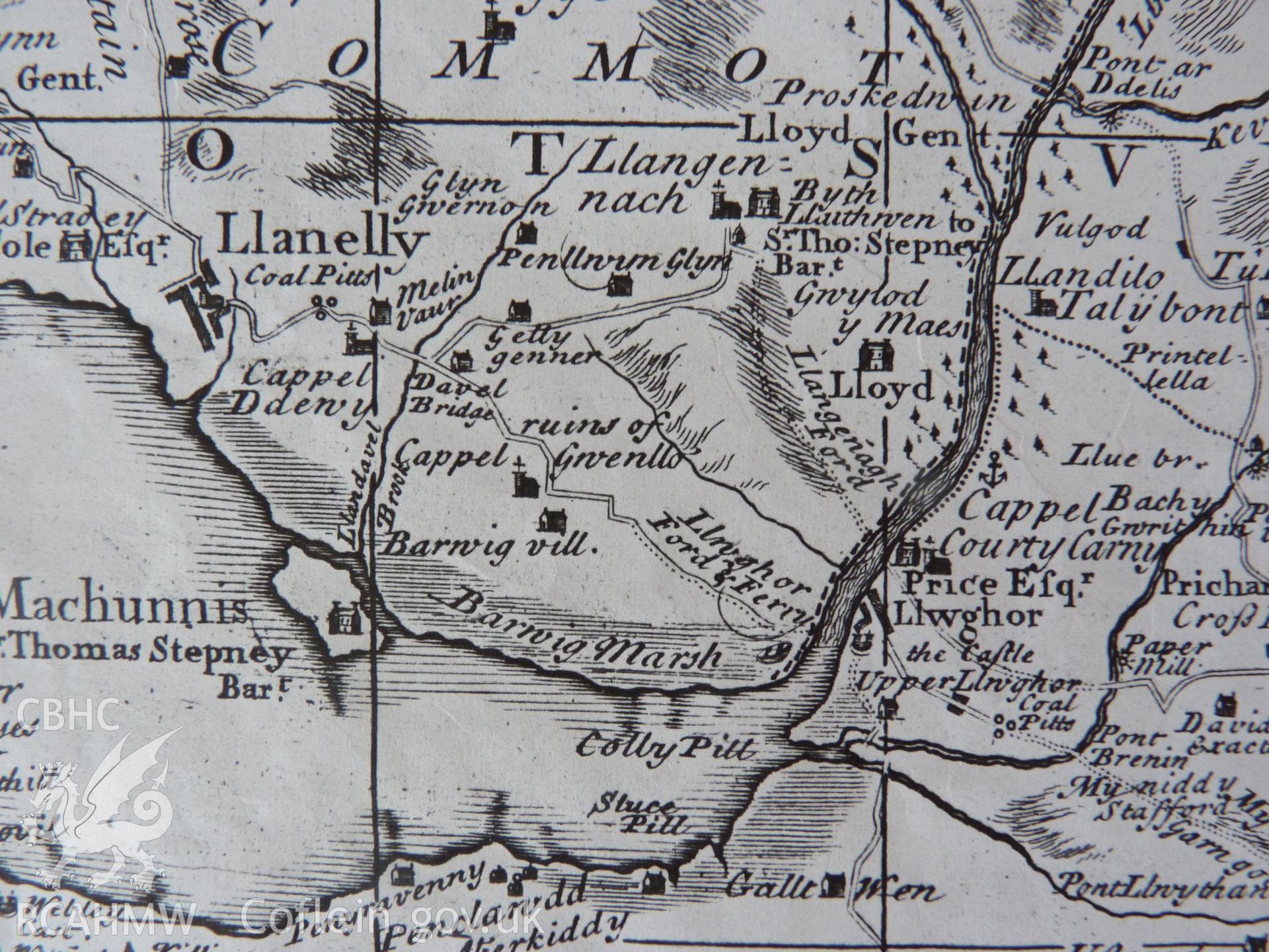 Emanuel Bowen map from 1729, showing the around Bynea and Llanelli. Map included as part of archaeological appraisal of Gwndwn Mawr, Station Road, Bynea, Carmarthenshire, 2014.