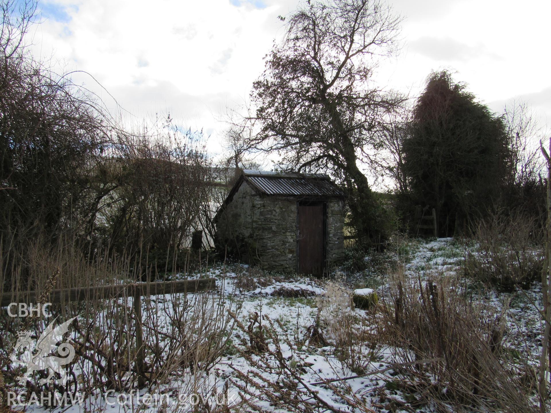 The outside toilet, view south-east. Photographs as part of archaeological building recording conducted at Bryn Ysguboriau, Llanelidan, Denbighshire, carried out by Archaeology Wales, 2018. Project no. P2587.
