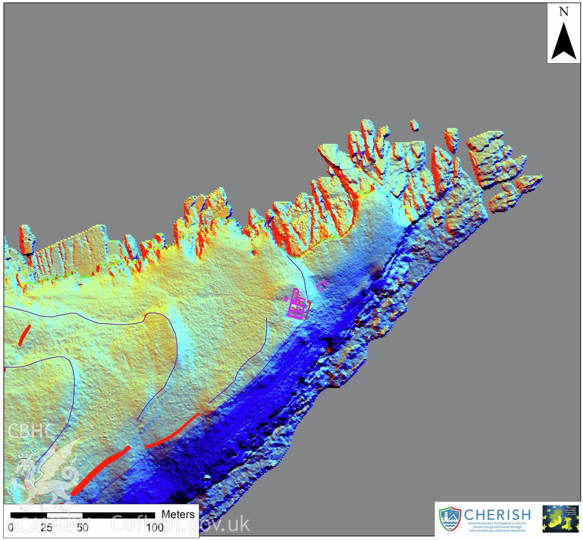 Ynys Seiriol (Puffin Island). Airborne laser scanning (LiDAR) commissioned by the CHERISH Project 2017-2021, flown by Bluesky International LTD at low tide on 24th February 2017. Digital Terrain Model (DTM) showing North part of the island with multi hill shading and aerial mapping highlighting the telegraph station.