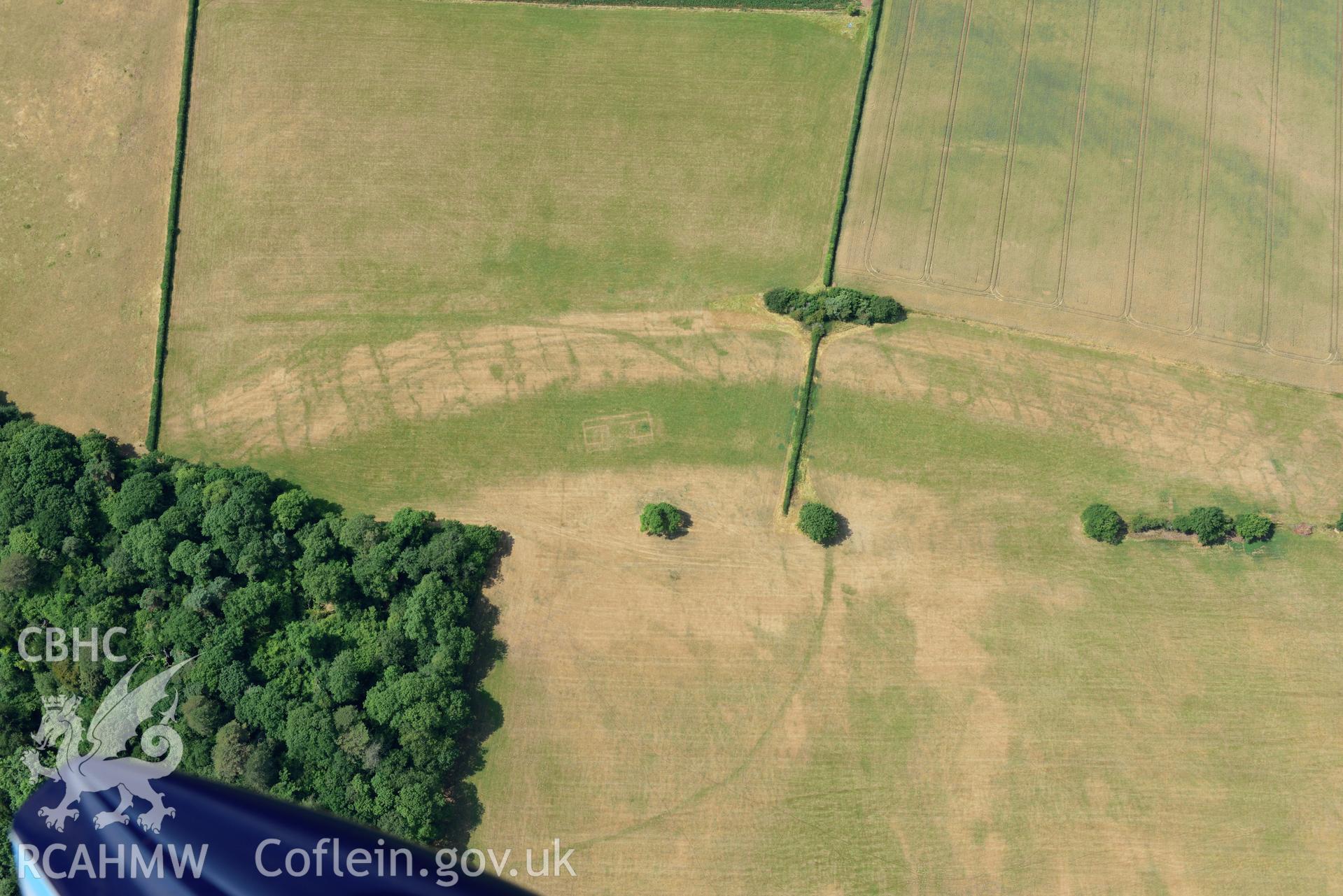 Royal Commission aerial photography of Wyndcliff Roman villa and enclosures taken on 19th July 2018 during the 2018 drought.