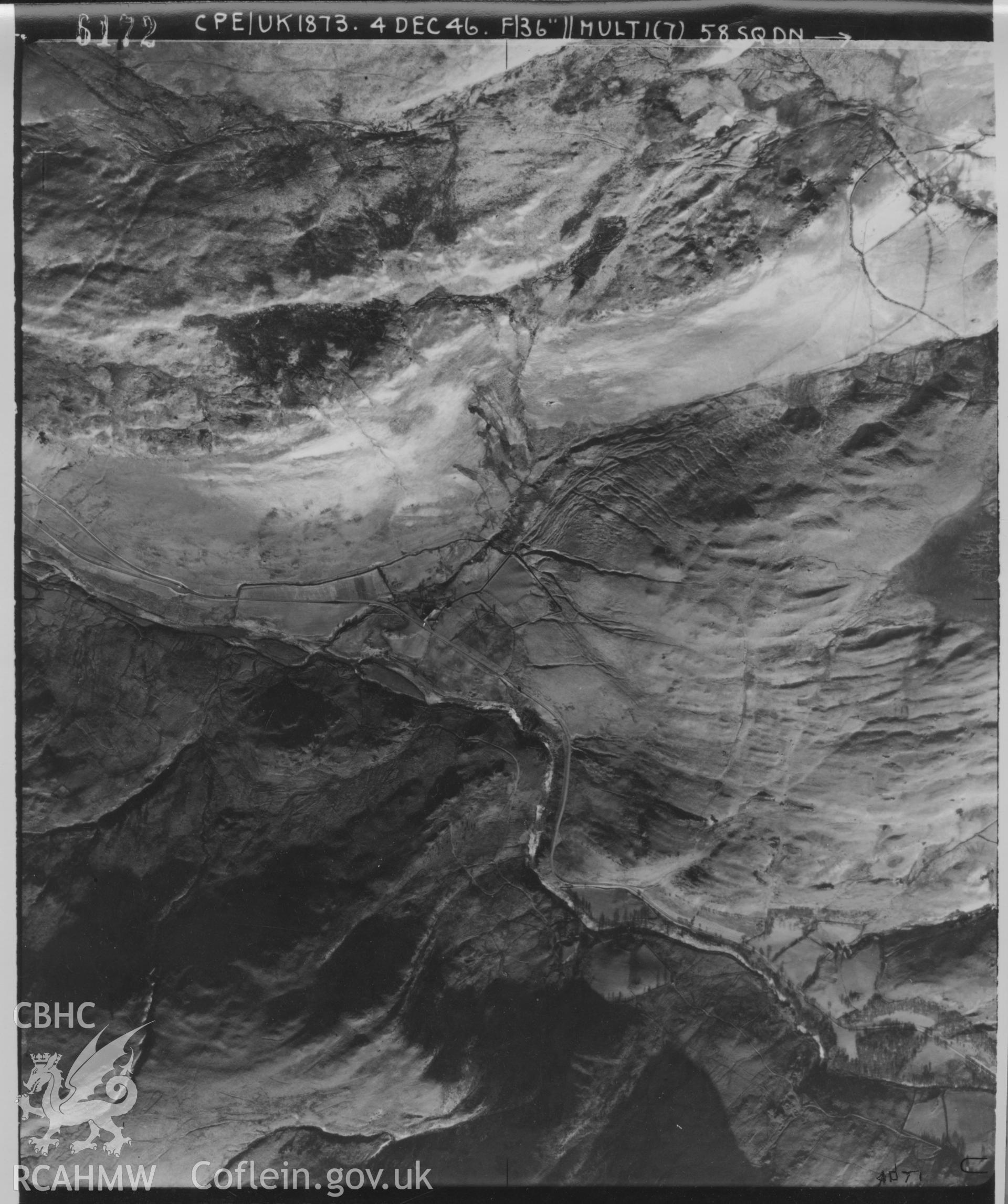 Aerial photograph of the Elan Valley, dated 1946. Included in material relating to Archaeological Desk Based Assessment of Afon Claerwen, Elan Valley, Rhayader, Powys. Assessment conducted by Archaeology Wales in 2017-18. Report no. 1633. Project no. 2573.