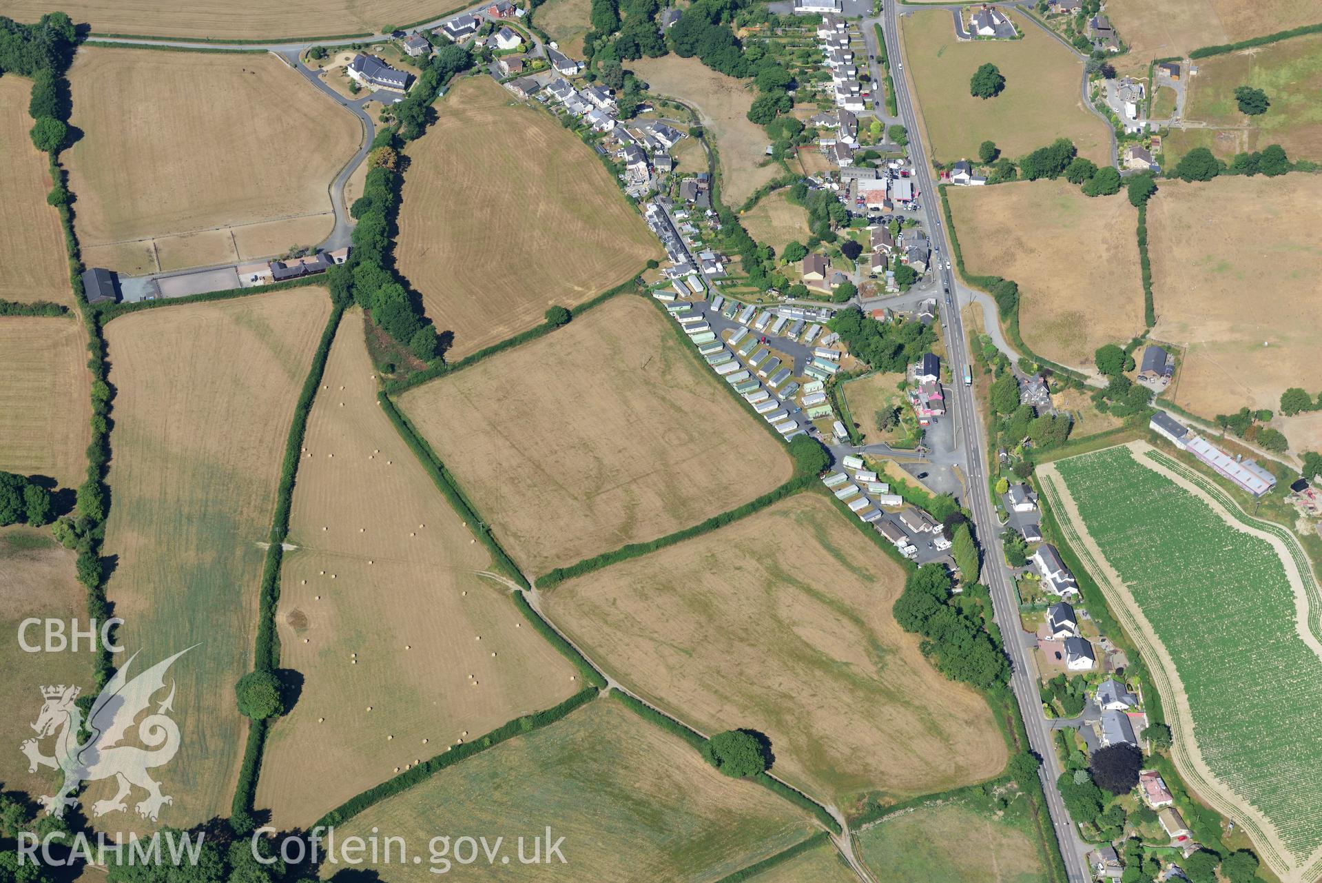 Royal Commission aerial photography of Dolypandy barrow cropmark taken on 19th July 2018 during the 2018 drought.