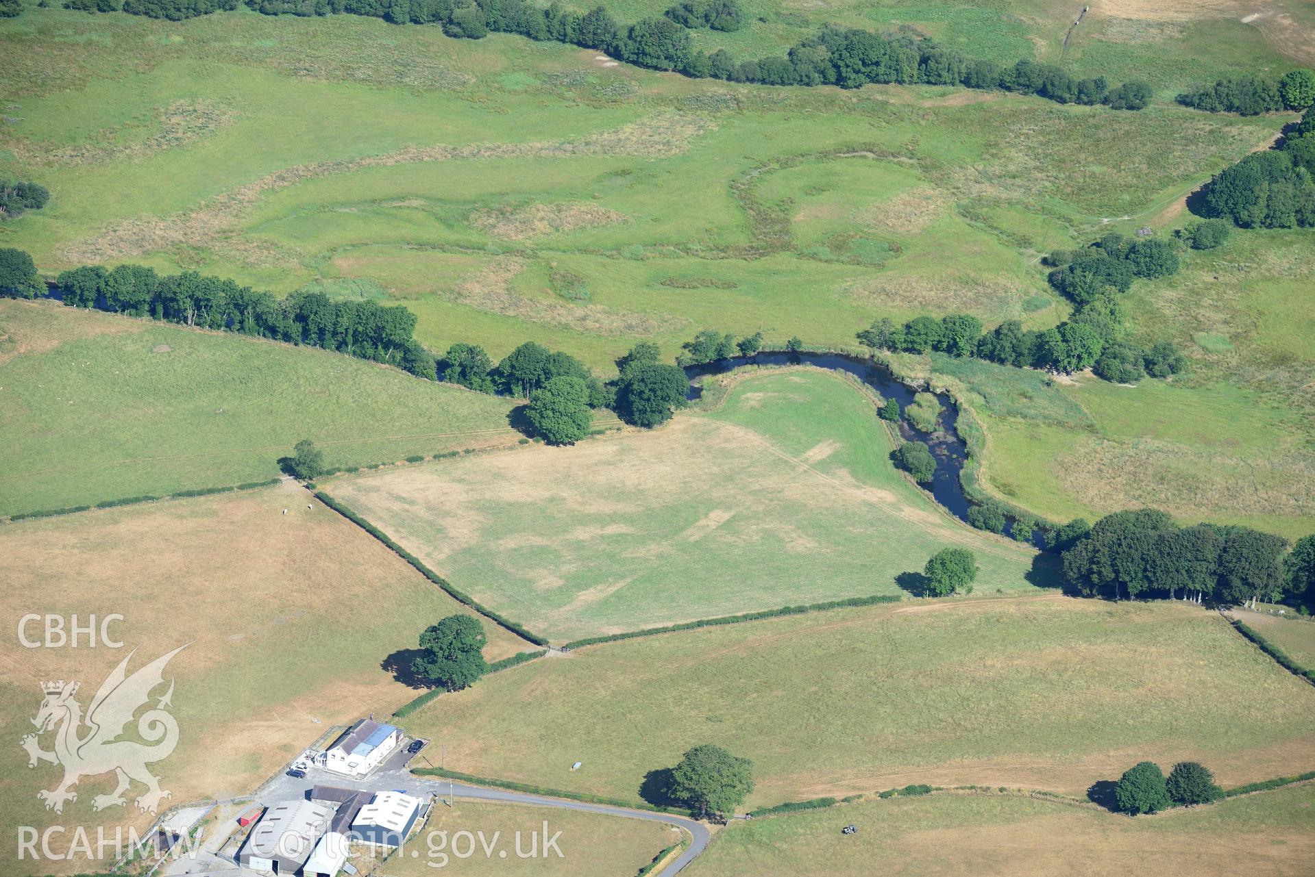 Royal Commission aerial photography of the Roman road approaching Llanio Roman fort taken on 19th July 2018 during the 2018 drought.