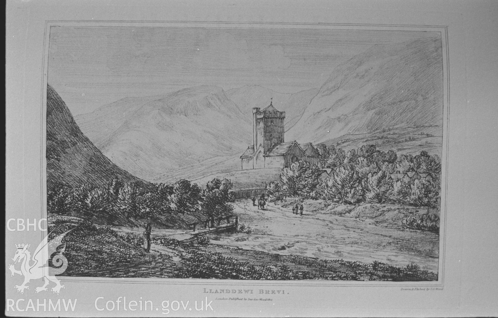 'Llanddewi Brevi' drawn and engraved by J. G. Woods, c.1810. Photographed by Arthur O. Chater in January 1968 for his own private research.