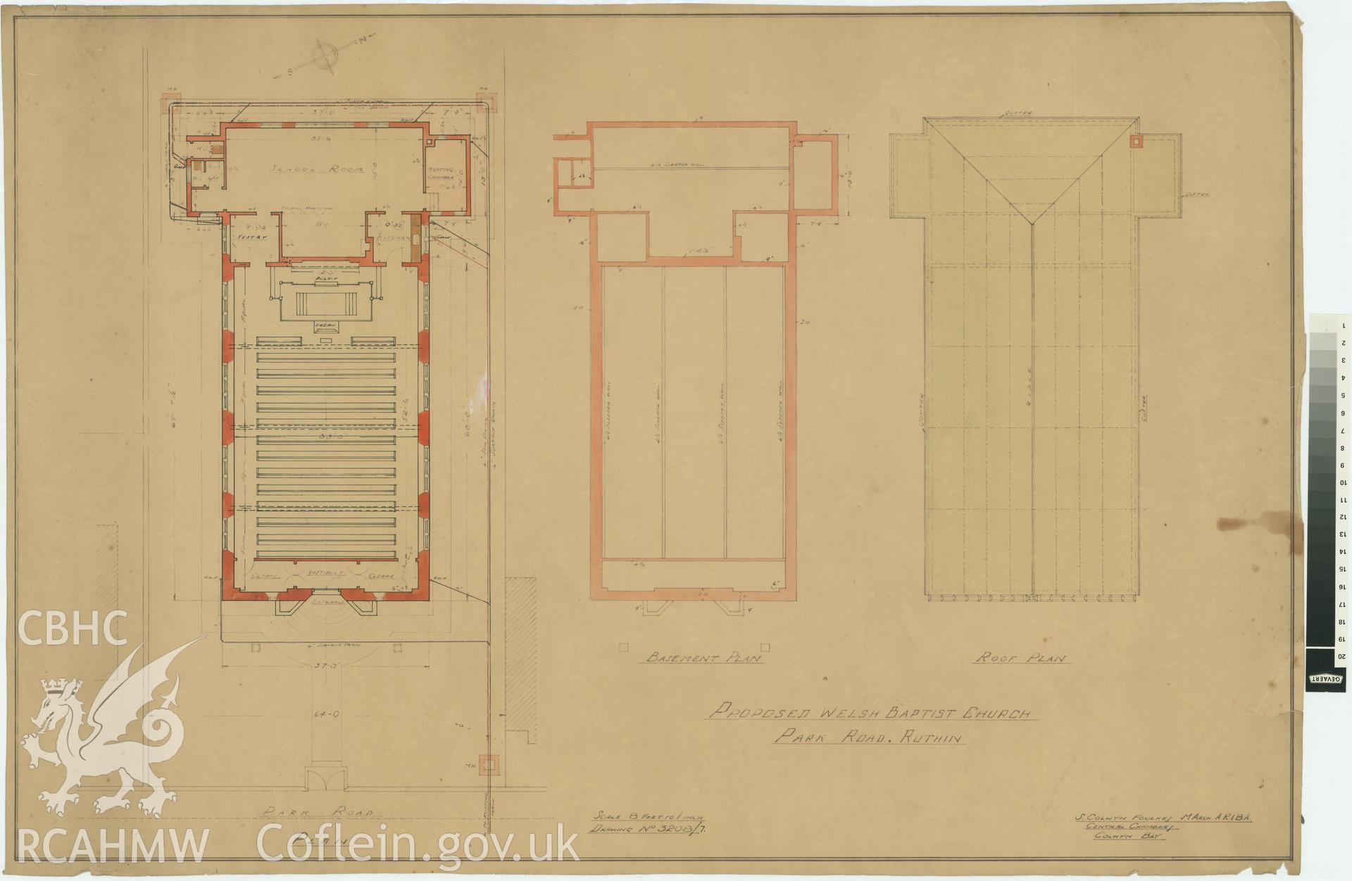 Digital copy of an undated measured drawing showing proposed plans for the Welsh Baptist Church, Park Road, Ruthin produced by S. Colwyn Foulkes and loaned for copying by Baptist Union of Wales. Produced at a scale of 8 feet to 1 inch, original drawing No 3208/7