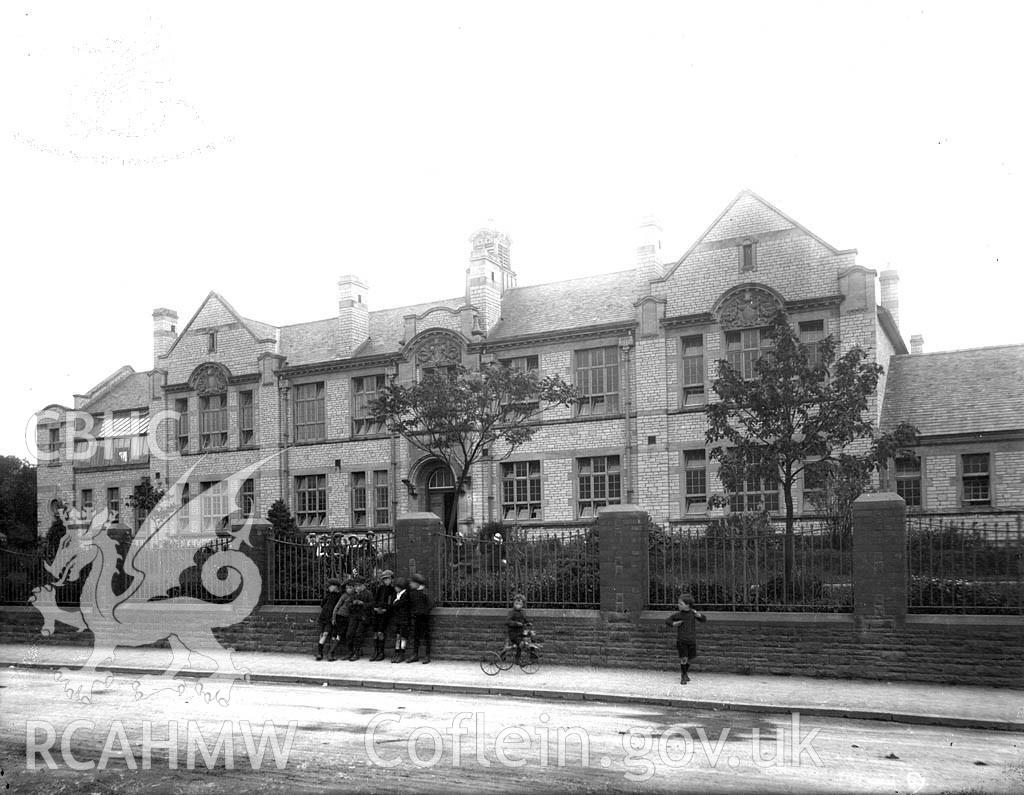Digitised black and white photograph showing rear elevation of the 'Girls' Intermediate School, Aberdare,' dated 1913. Included in material associated with building recording conducted by Archaeology Wales, February 2018.