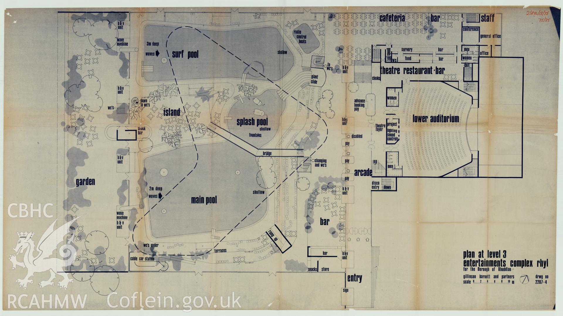 Digital copy of a measured drawing showing plans at level 3 of the Sun Centre, Rhyl, produced by Gillinson Barnett and Partners, 1975. Loaned for copying by Denbighshire County Council.