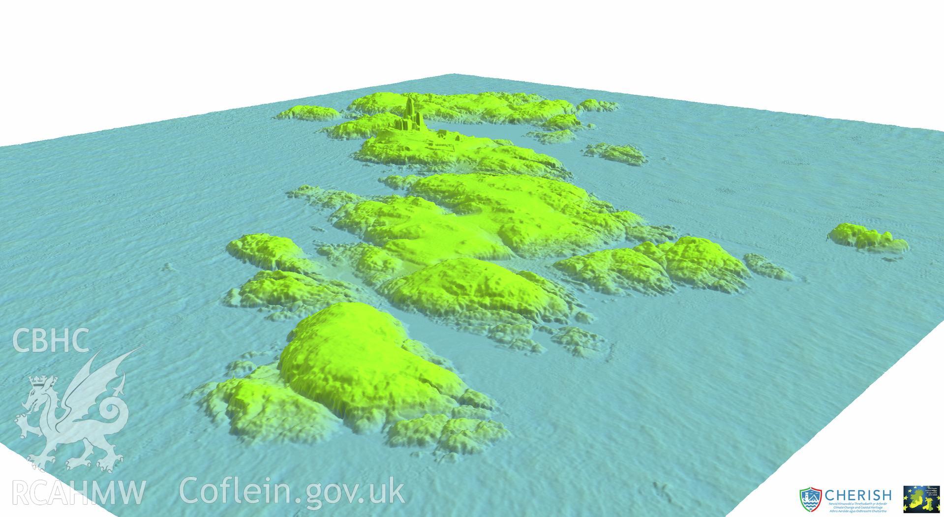 Ynysoedd y Moelrhoniaid (The Skerries islet). Airborne laser scanning (LiDAR) commissioned by the CHERISH Project 2017-2021, flown by Bluesky International LTD at low tide on 24th February 2017. View showing The Skerries Islet and its lighthouse from the