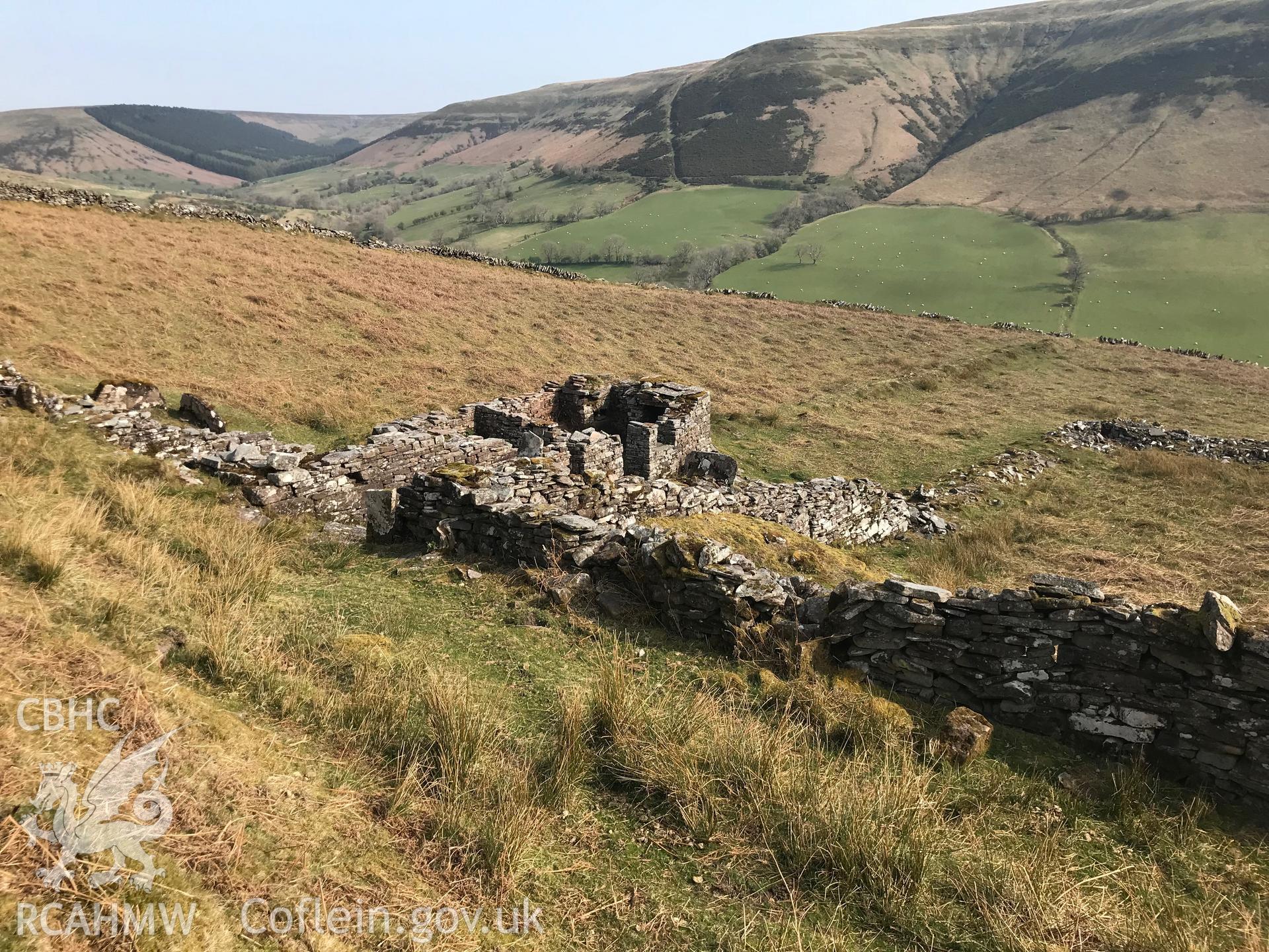 Digital colour photograph showing view of Darren Lwyd deserted farmstead, Llanigon, east of Talgarth, taken by Paul R. Davis on 22nd April 2019.