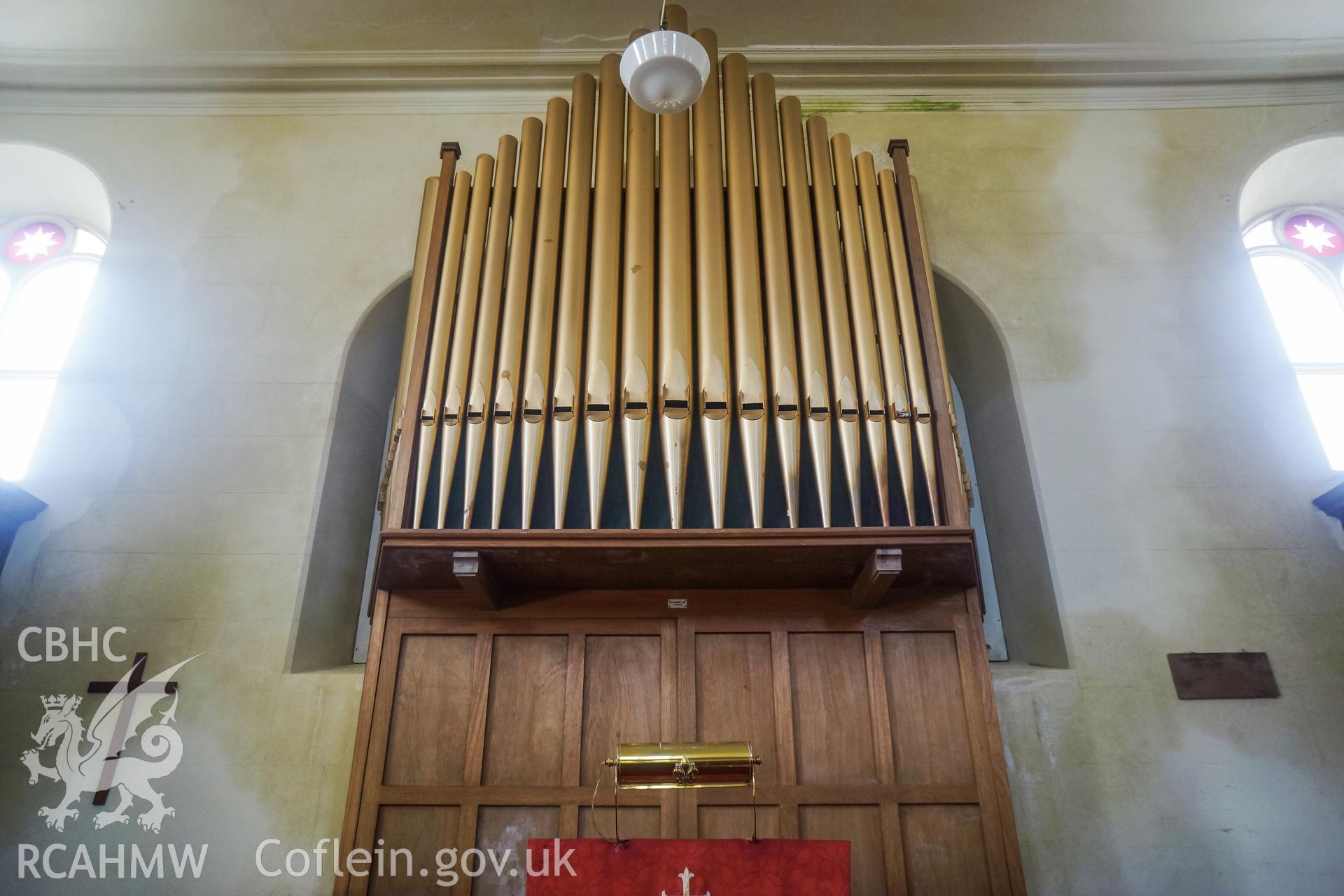 Digital colour photograph showing the organ pipes at Pentower Chapel, Fishguard, dated 2019. Photographed by Grace Elliott to meet a condition attached to a planning application.