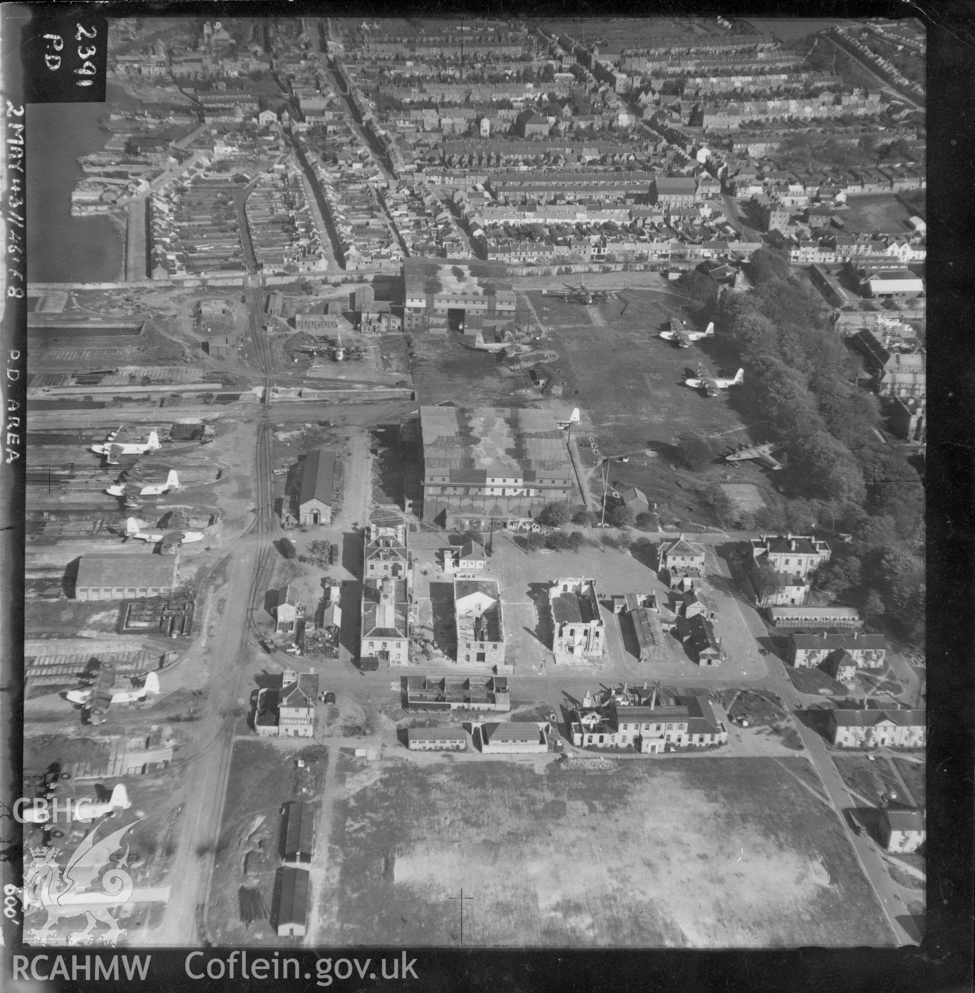 Aerial view of Pembroke Dock taken by the Royal Air Force, dated 2nd May 1943. Digitised from a print loaned for copying by David Green.