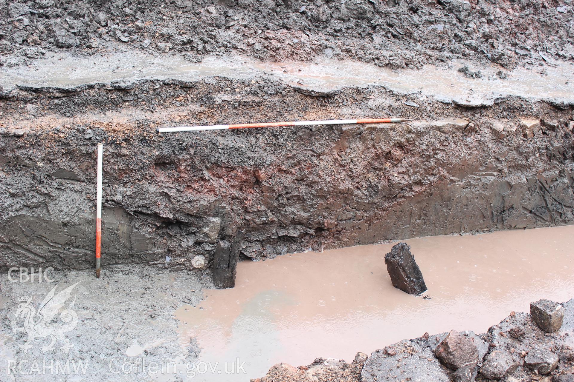 Detail shot of trench section and timbers. Photographed as part of an Archaeological Evaluation of The Bridge Inn, Chepstow, carried out by Archaeology Wales, 2015.