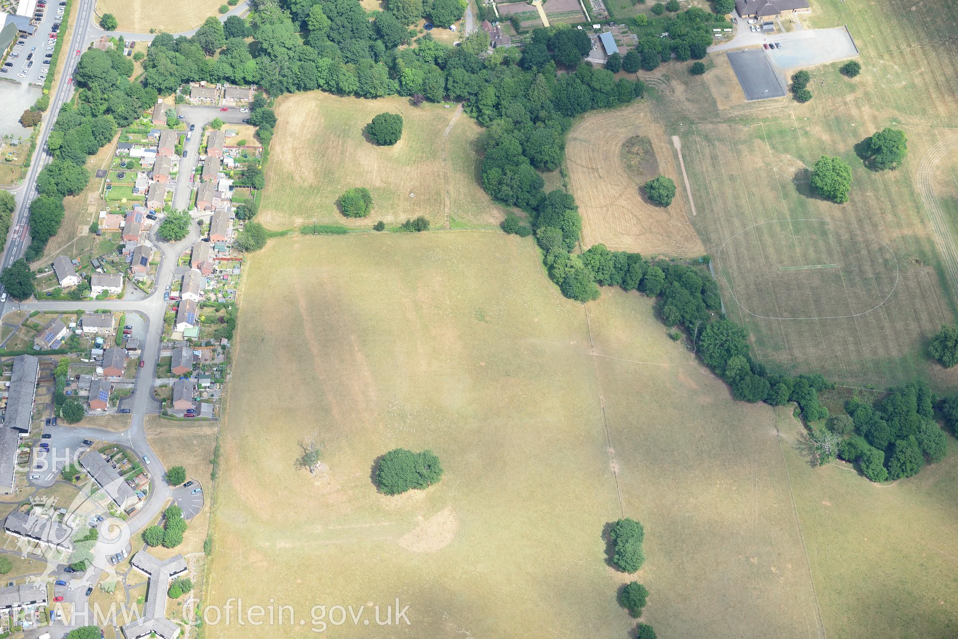 Royal Commission aerial photography of Three Cocks Roman fort taken on 19th July 2018 during the 2018 drought.