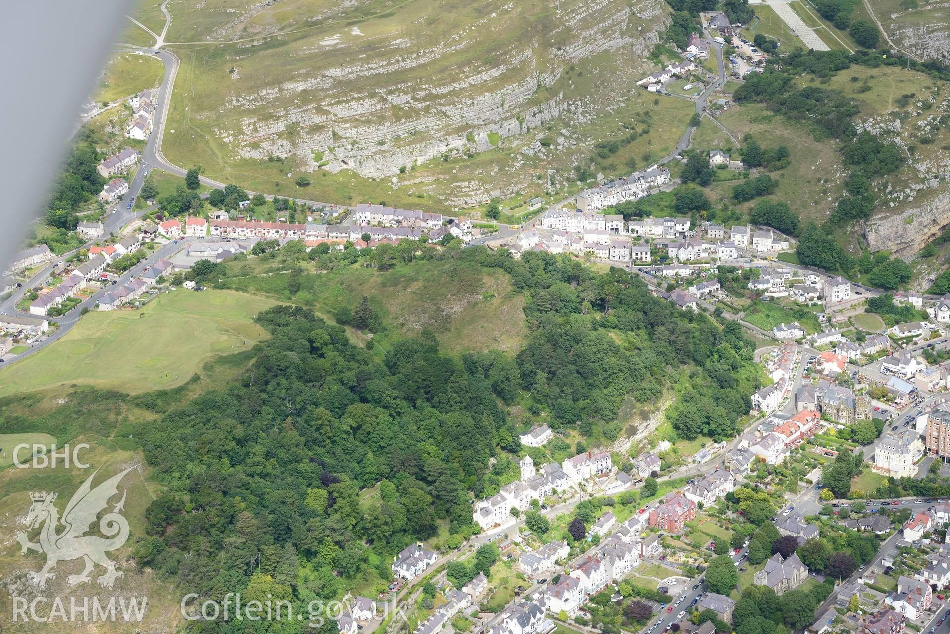Bodlondeb Castle, St. George's Church and St. George's Church rectory. Llandudno. Oblique aerial photograph taken during the Royal Commission's programme of archaeological aerial reconnaissance by Toby Driver on 30th July 2015.