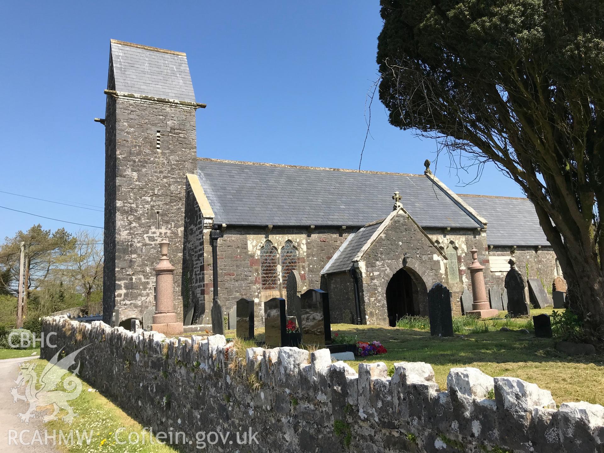 Colour photo showing exterior view of St. Margaret Marlos or St. Teilo's church and graveyard, Pendine, taken by Paul R. Davis, 6th May 2018.