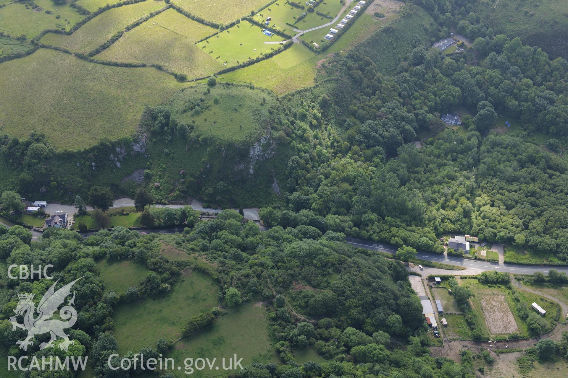 Pen-y-Gaer and Nant Castell enclosures, Llanbedrog. Oblique aerial photograph taken during the Royal Commission's programme of archaeological aerial reconnaissance by Toby Driver on 23rd June 2015.