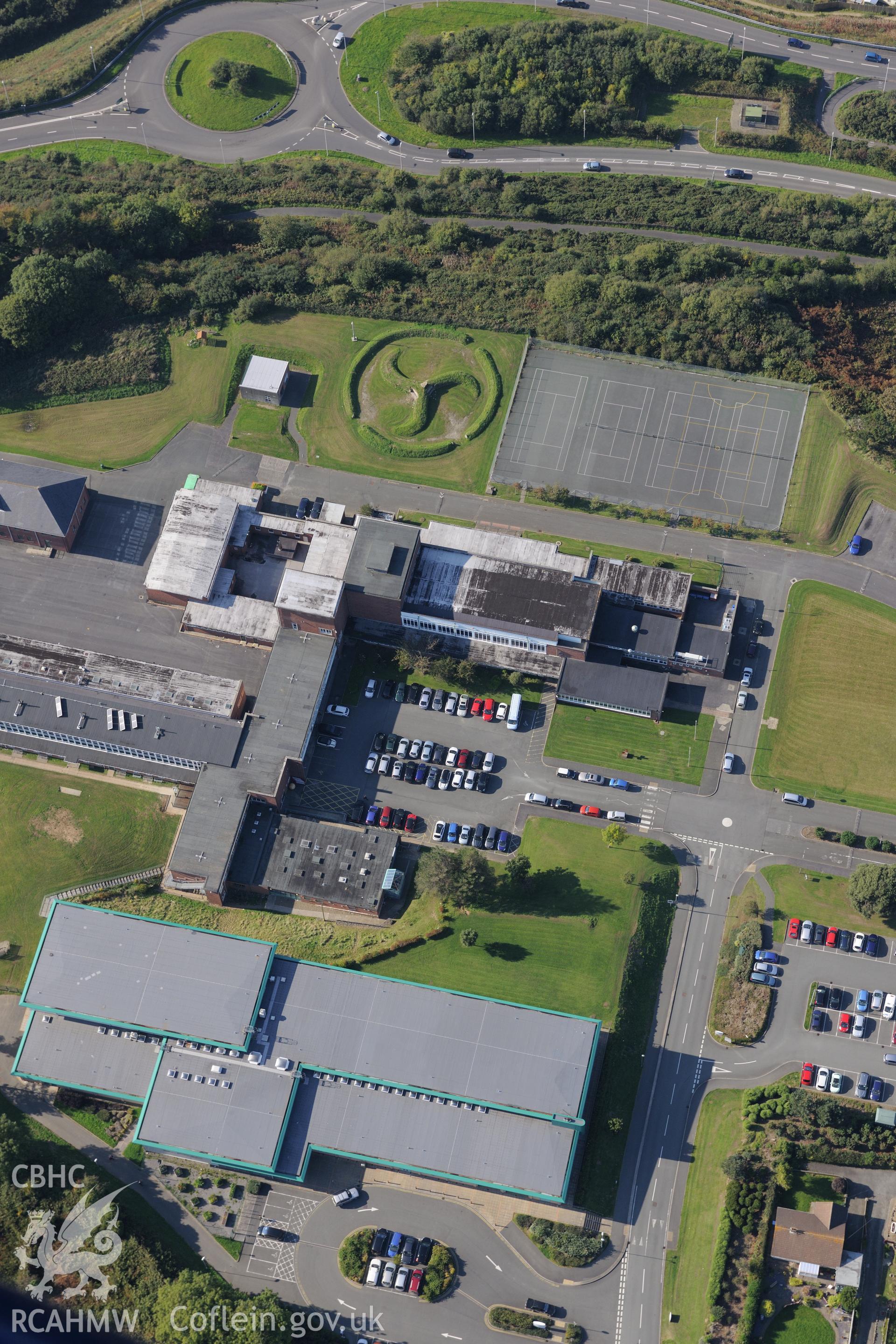 View from the south east of Ysgol Bro Gwaun, Fishguard. Oblique aerial photograph taken during the Royal Commission's programme of archaeological aerial reconnaissance by Toby Driver on 30th September 2015.
