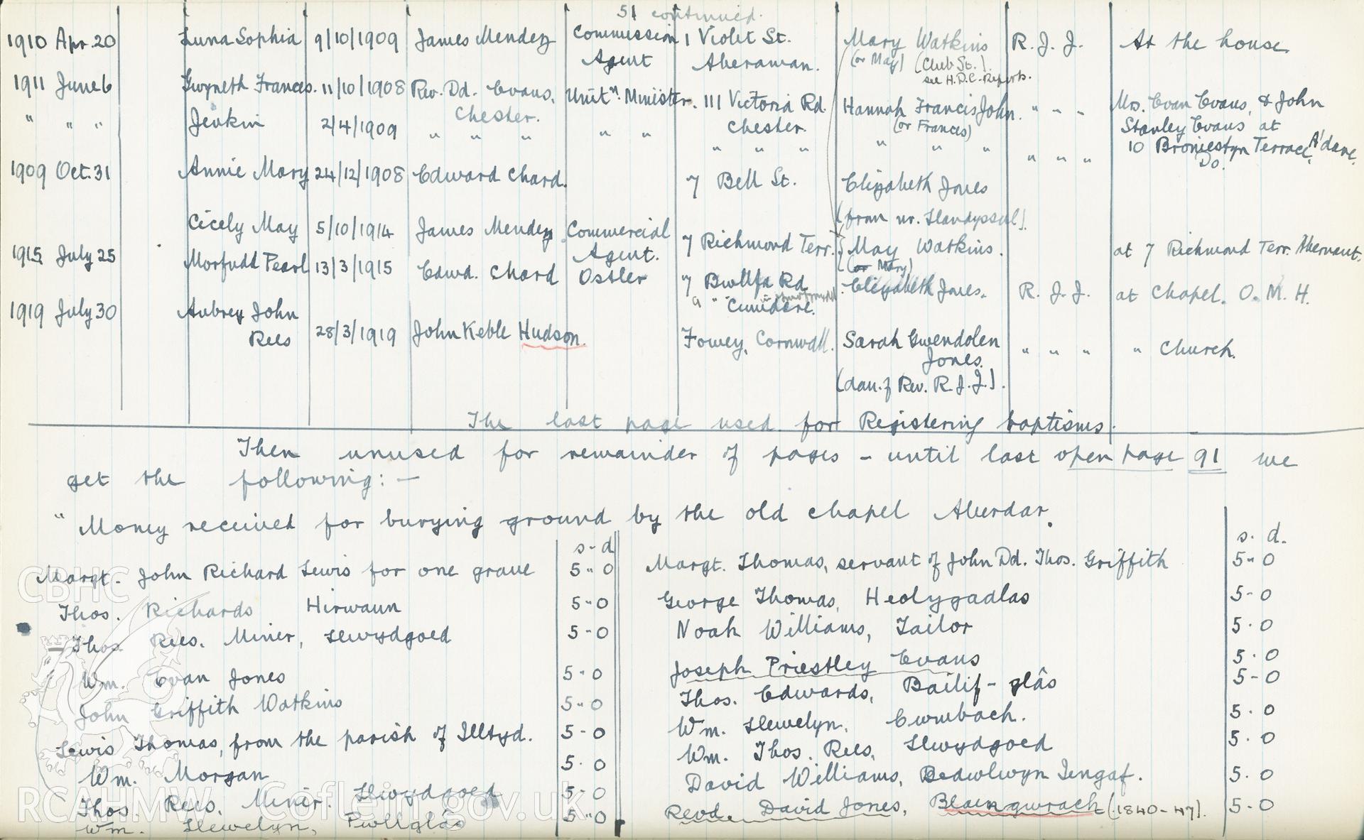 "Baptism Registered" book for Hen Dy Cwrdd, made between April 19th and 28th, 1941, by W. W. Price. Page listing baptisms from 20th April 1910 to 30th July 1919, plus list of people who'd payed for burying ground. Donated to the RCAHMW as part of the Digital Dissent Project.
