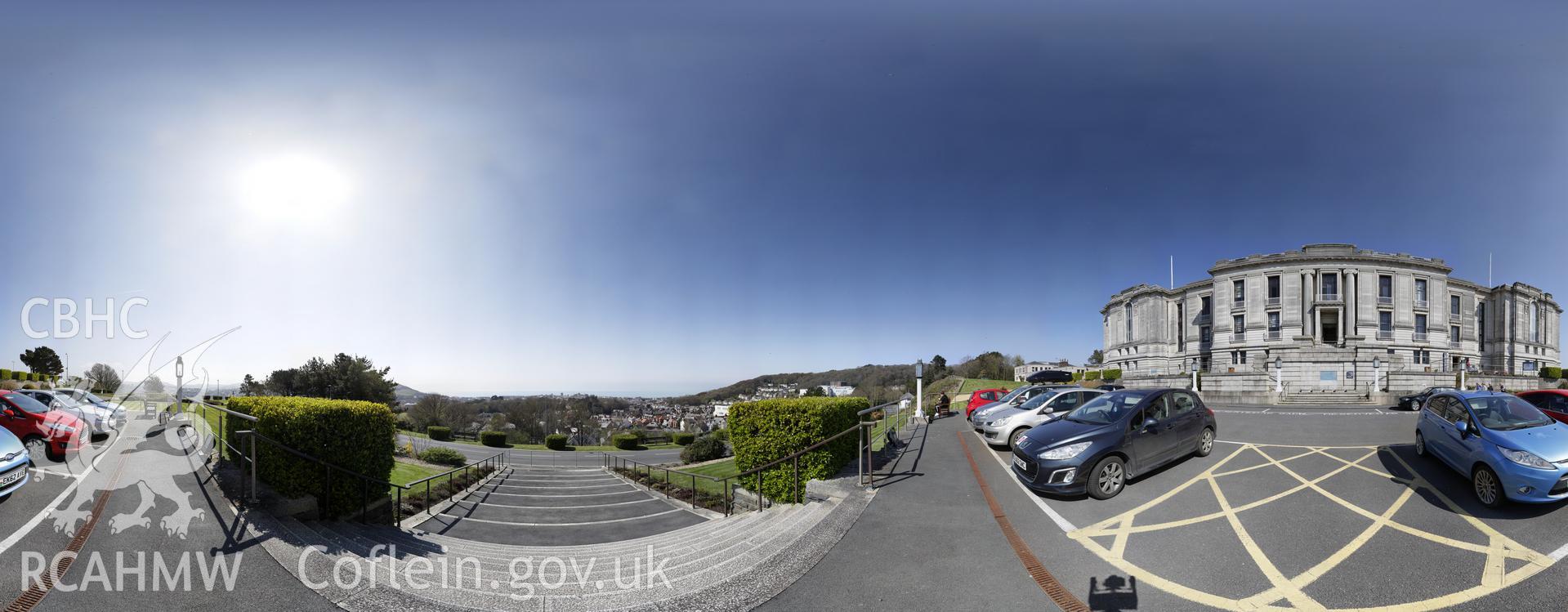 Reduced resolution tiff of stitched images from in front of the National Library of Wales, Aberystwyth produced by Susan Fielding and Rita Singer, 2018. Produced through European Travellers to Wales project.
