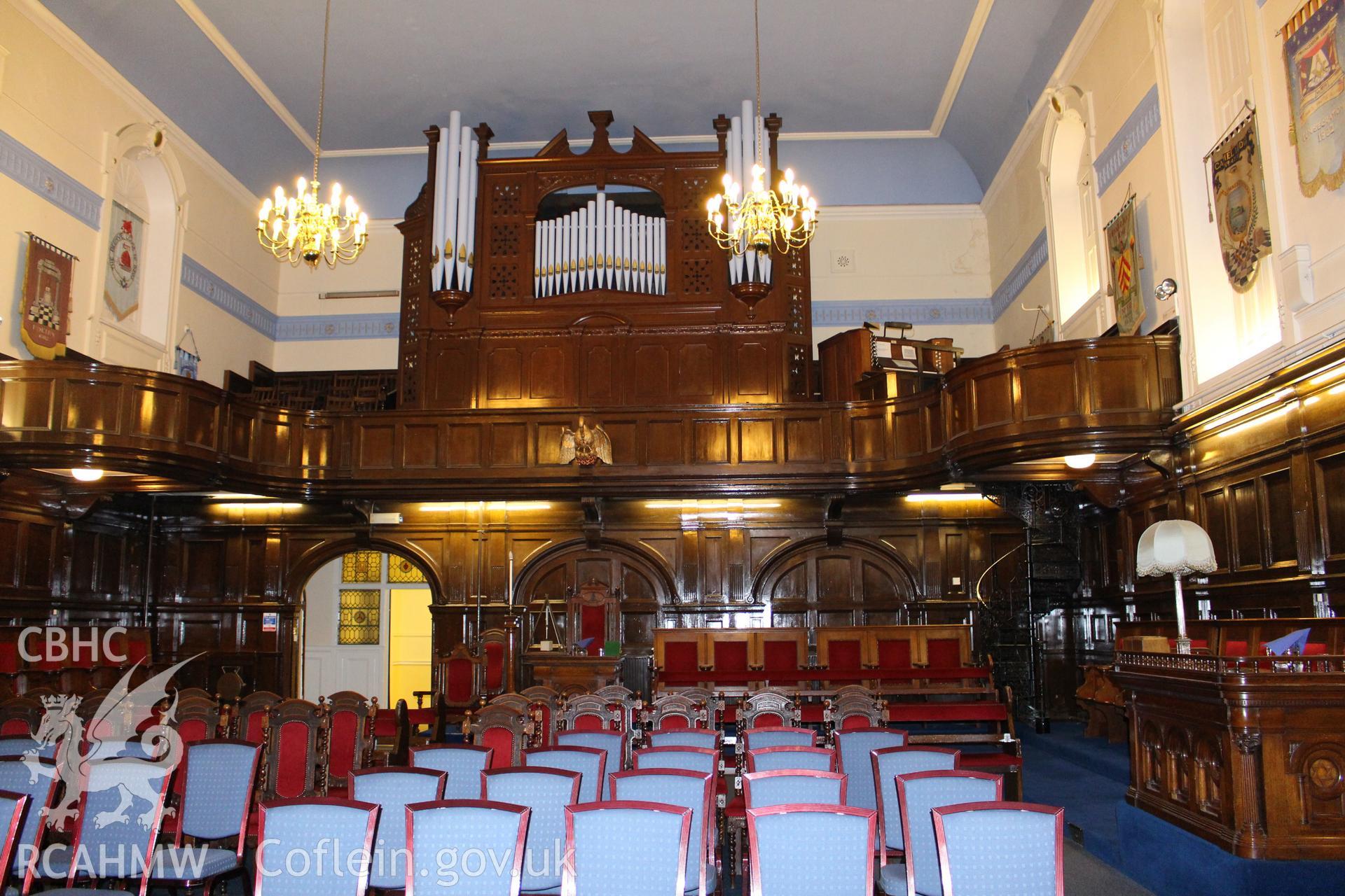 Interior view looking towards organ at former United Free Methodist Church, now a Masonic Temple, in Cardiff. Photograph taken during survey conducted by Sue Fielding of the RCAHMW, 11th March 2019.