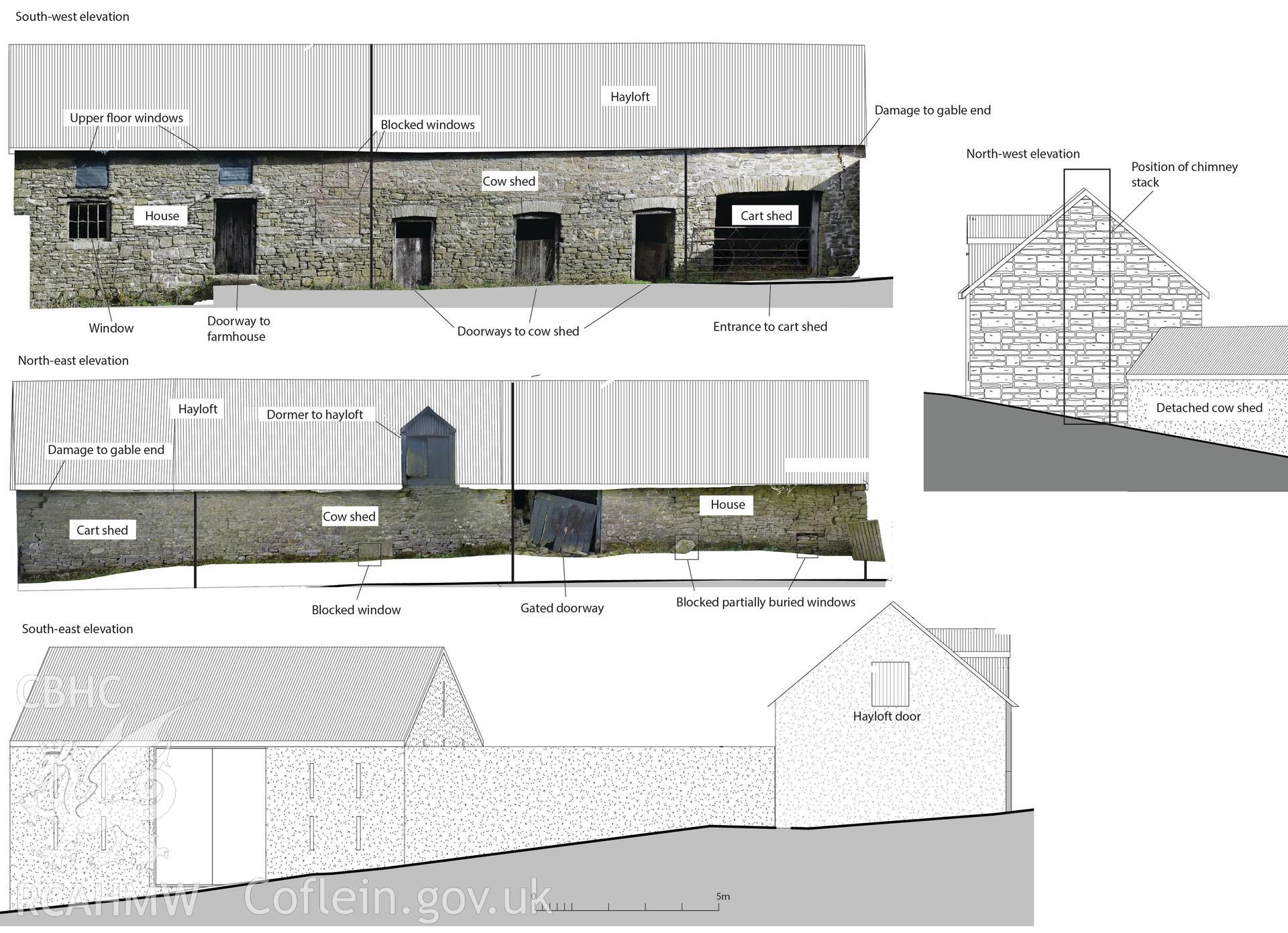 Report illustration labelled 'house elevation' relating to CPAT Project 2355: Little Lloyney Farm, Clyro, Powys, 2019. Prepared by Will Logan of Clwyd Powys Archaeological Trust. Project no. 2355. HER event PRN: 140287.