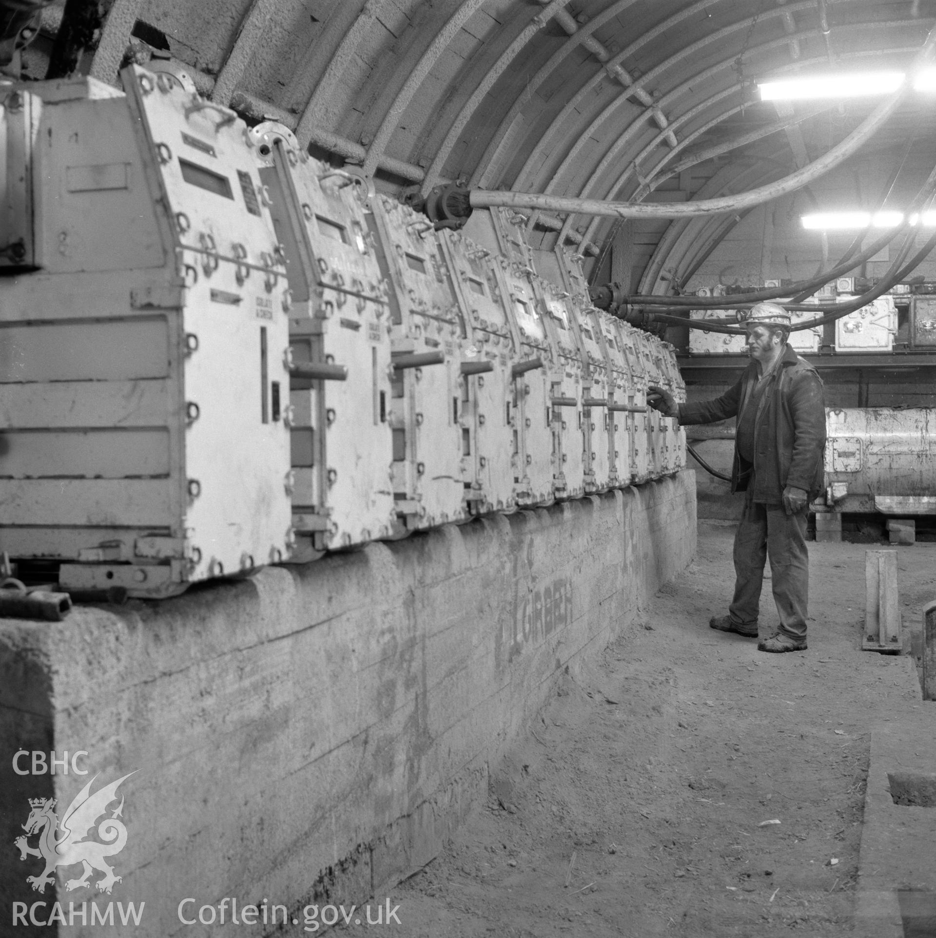 Digital copy of an acetate negative showing underground electric station at Blaensercahn Colliery, from the John Cornwell Collection.