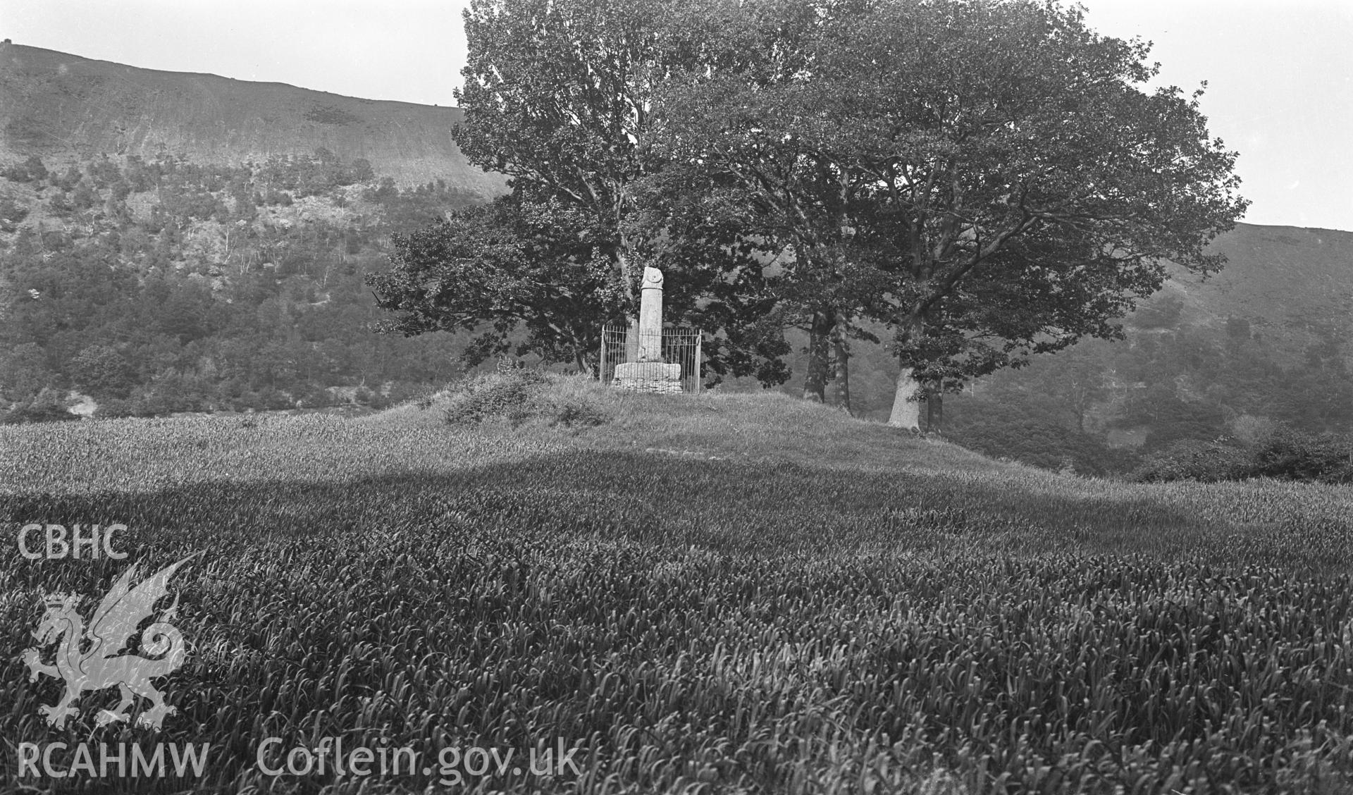 Digital copy of a nitrate negative showing view of Eliseg's Pillar taken by Leonard Monroe, undated.