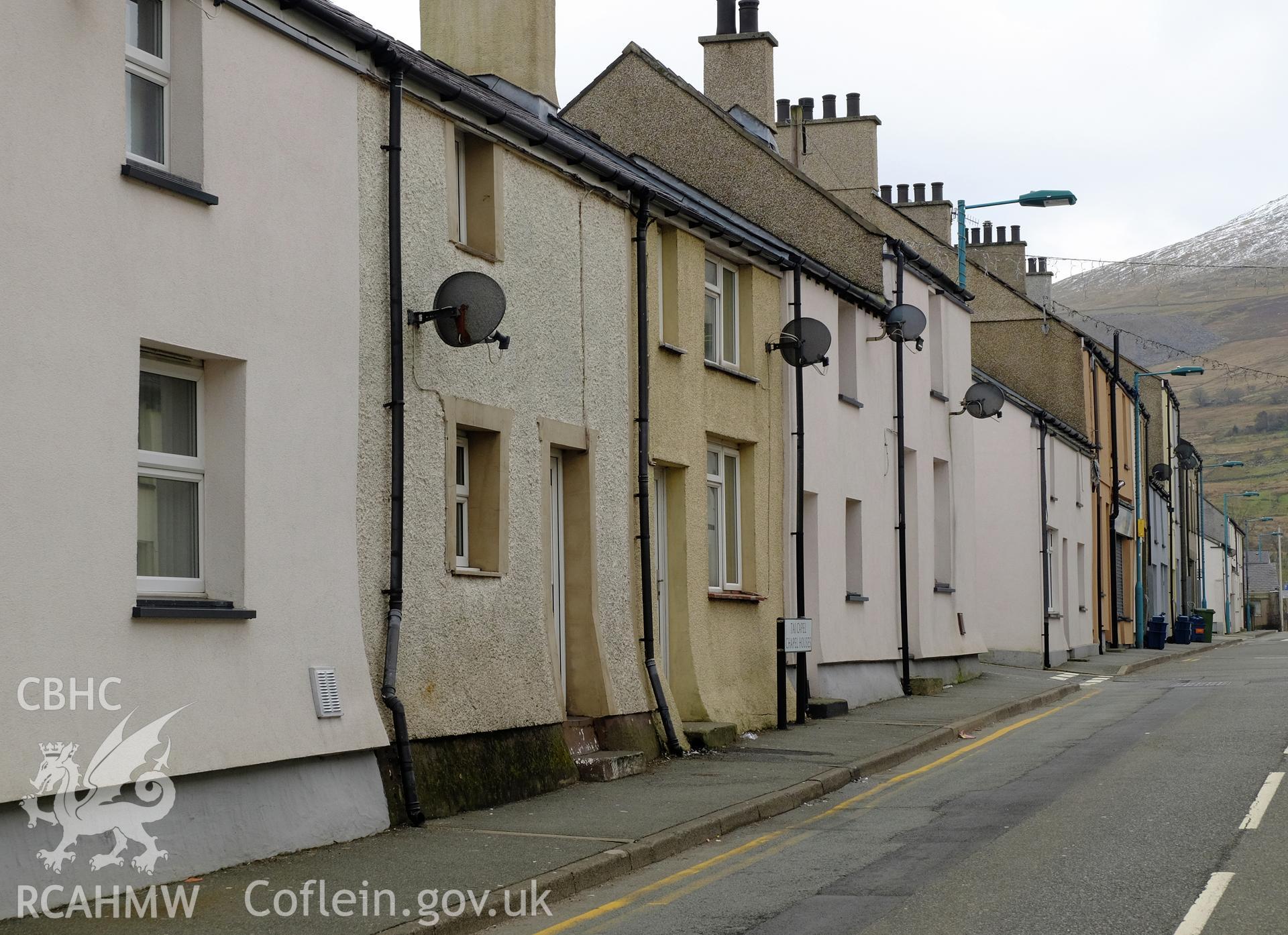 Colour photograph showing view looking east at Stryd Fawr (north side), Deiniolen, produced by Richard Hayman 2nd March 2017